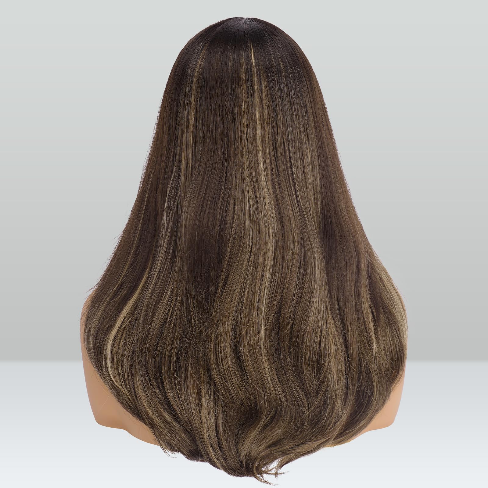FESHFEN Ombre Brown Blonde Wigs with Bangs for Women Synthetic Natural Looking Long Layered Straight Hair Wig for Daily Party Use 18 inch - Image 3