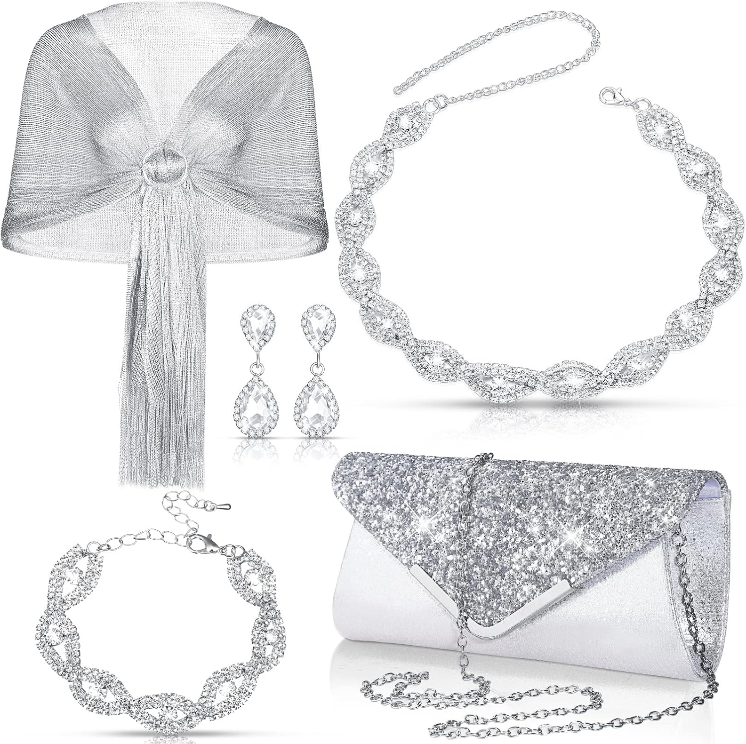 Tiamon 5 Pcs Rhinestone Jewelry Sets Shawls and Wraps Formal Clutch Purses for Women Evening Dresses Weddings Bridal