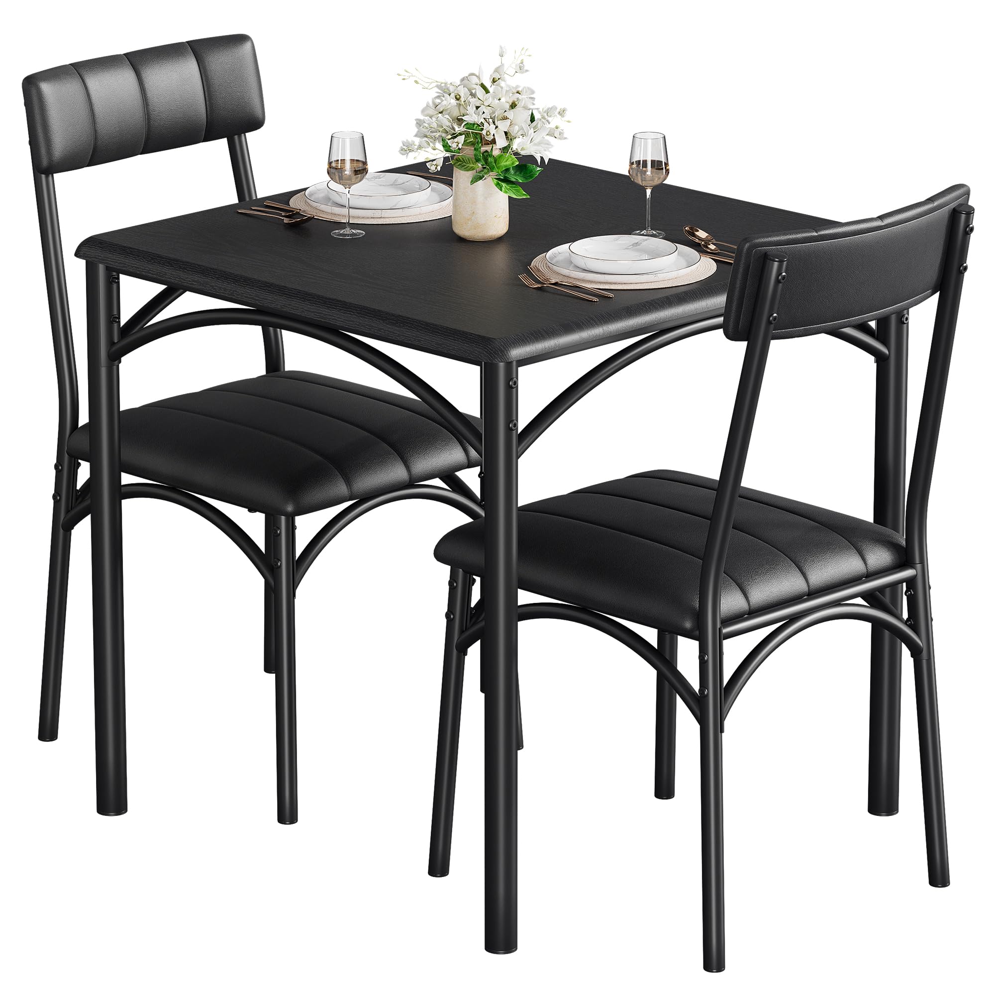 3-Teiliges Esszimmer Set für 2 Personen, Esstisch klein & 2 Gepolsterte Stühle, Metall & Holz Design, Kleiner Küchentisch Tisch Essgruppe Mit 2 Stühlen für Kleine Räume Küche, Schwarz