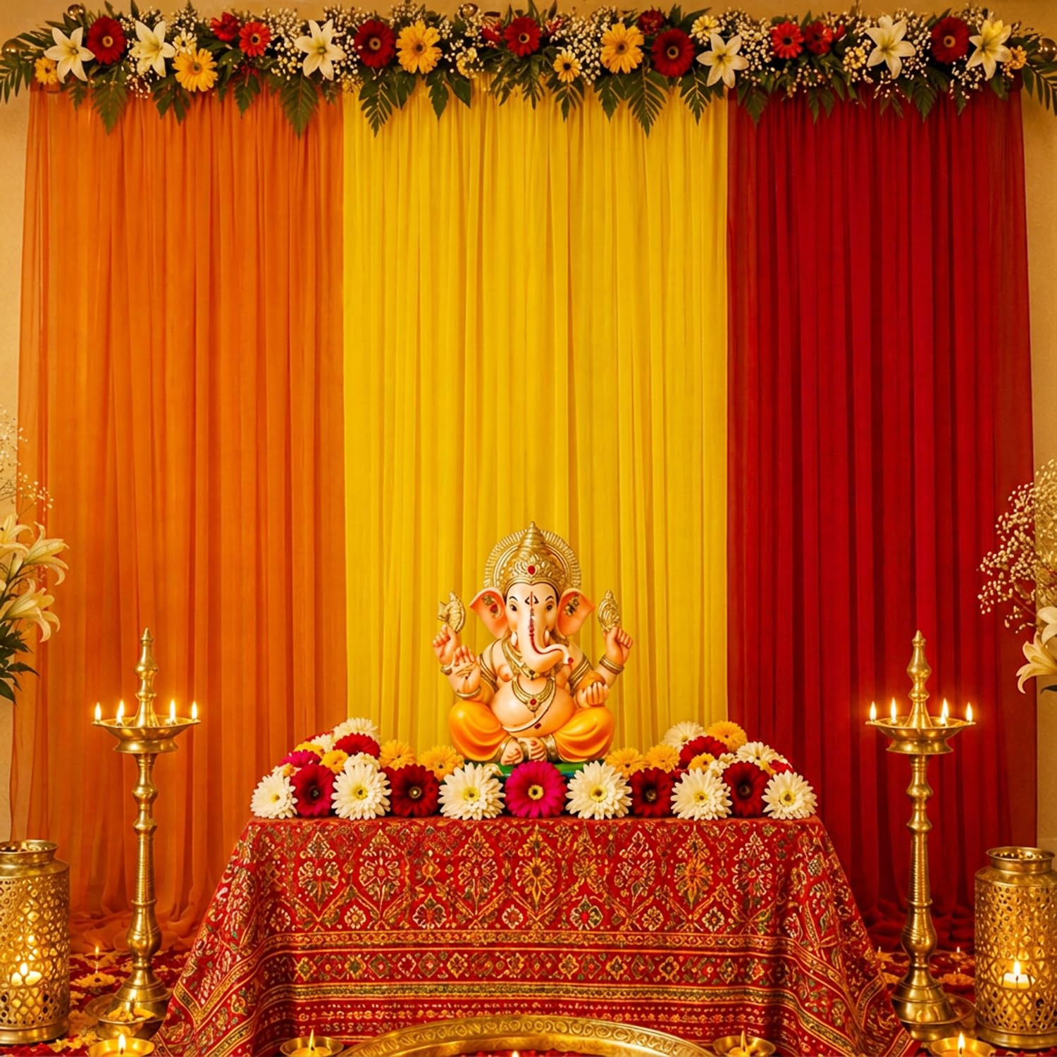 SpecialYou Ganpati Decoration Setup for Home, Backdrop Cloth for Decorations Pooja, Back Drop Curtain for Decorations, Wall Decor Items for Living Room, Ganpati Decoration Item- 6 Pcs
