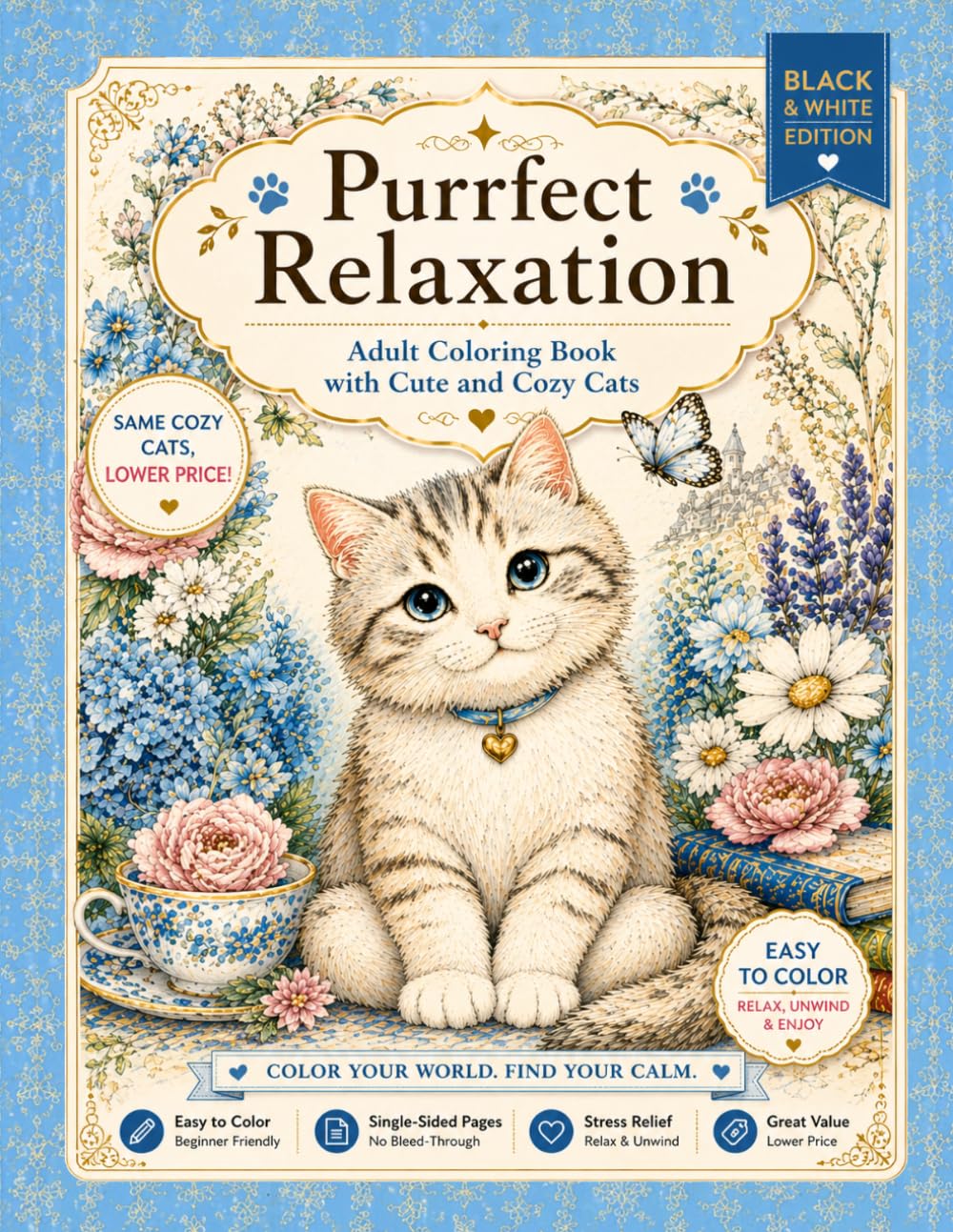 Purrfect Relaxation: Easy & Relaxing Cat Coloring Book for Adults | Cute Cozy Cats, Simple Designs, Stress Relief & Mindfulness