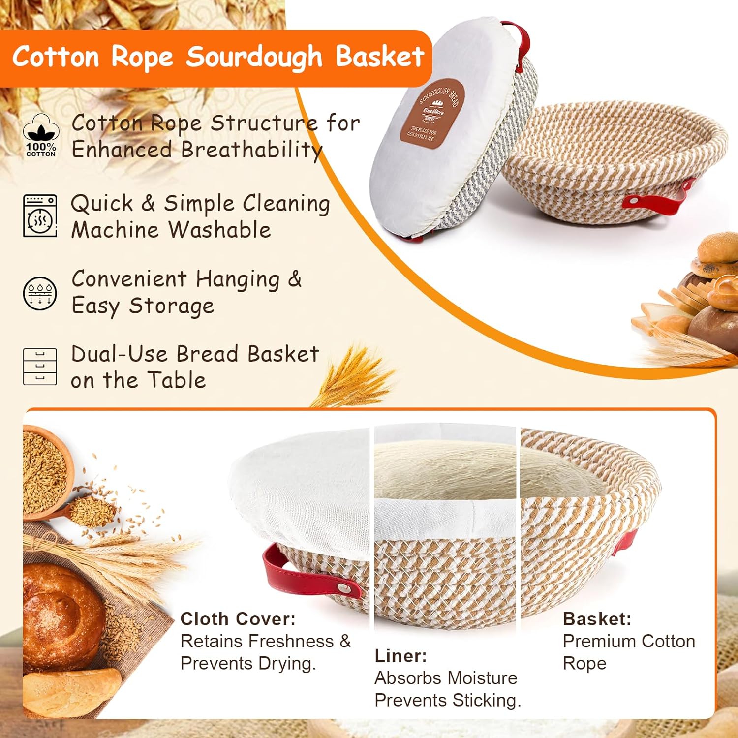 Sourdough Starter Kit, Sourdough Bread Baking Supplies, Cotton Rope Banneton Bread Proofing Basket Set with Sourdough Starter Jar for Bread Making Baking, Sour Dough Kit Tools Gifts for Bakers Women - Image 2