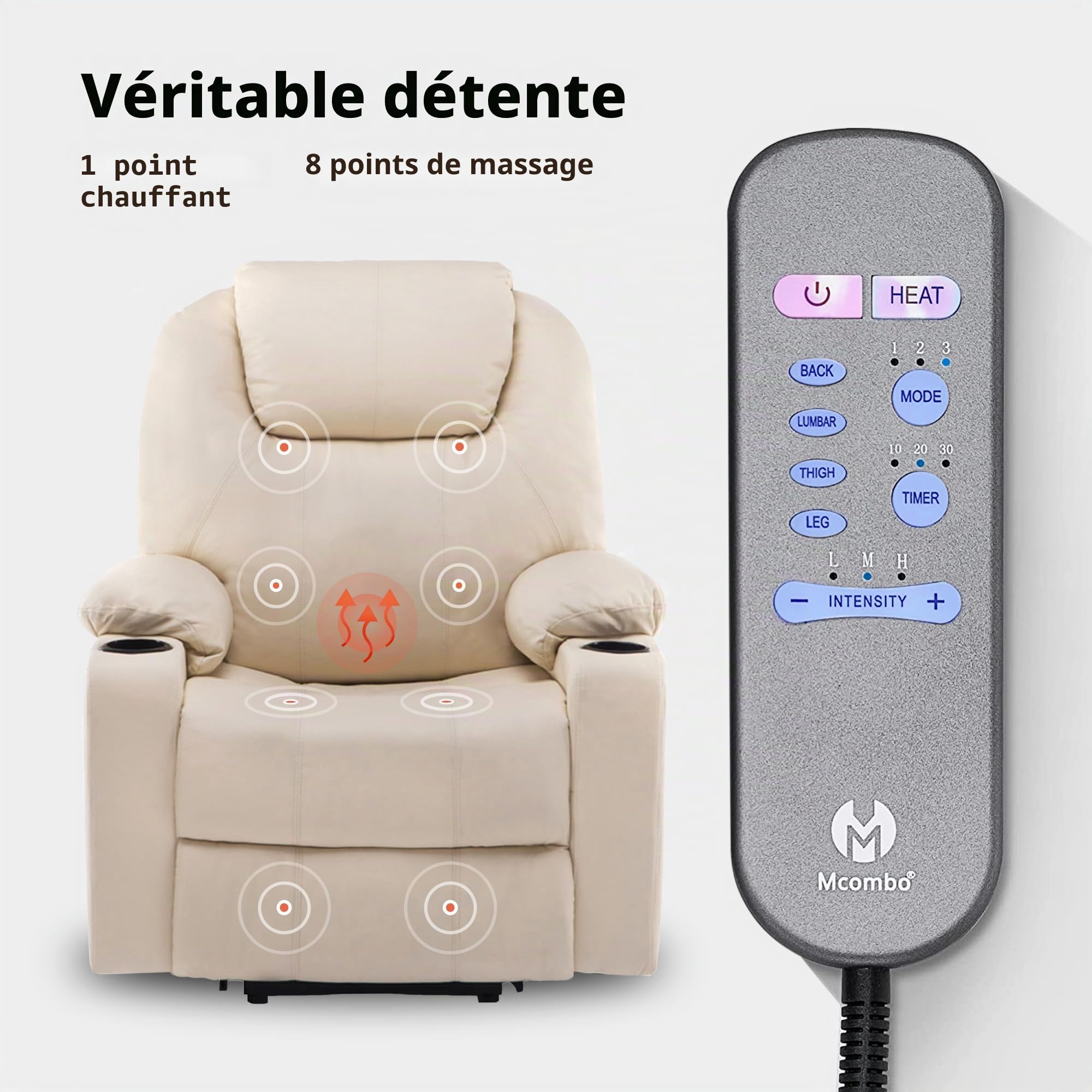 MCombo Fauteuil électrique Chauffant Chauffant réglable par USB Crème