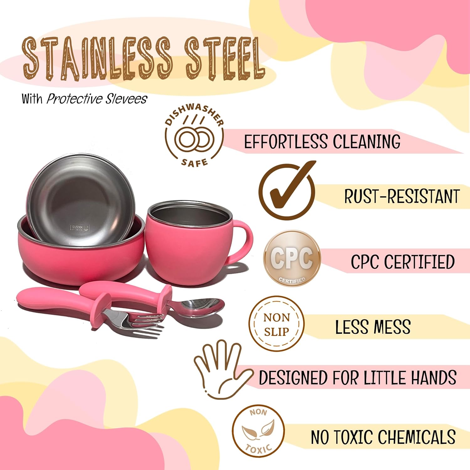 Kids Stainless Steel Dinnerware Set – Toddler Dining Set with Heat-Reducing Silicone Sleeves | Nontoxic Bowls & Cup with Handle | Unbreakable Dish Set | BPA-Free Reusable Utensils (Pink)
