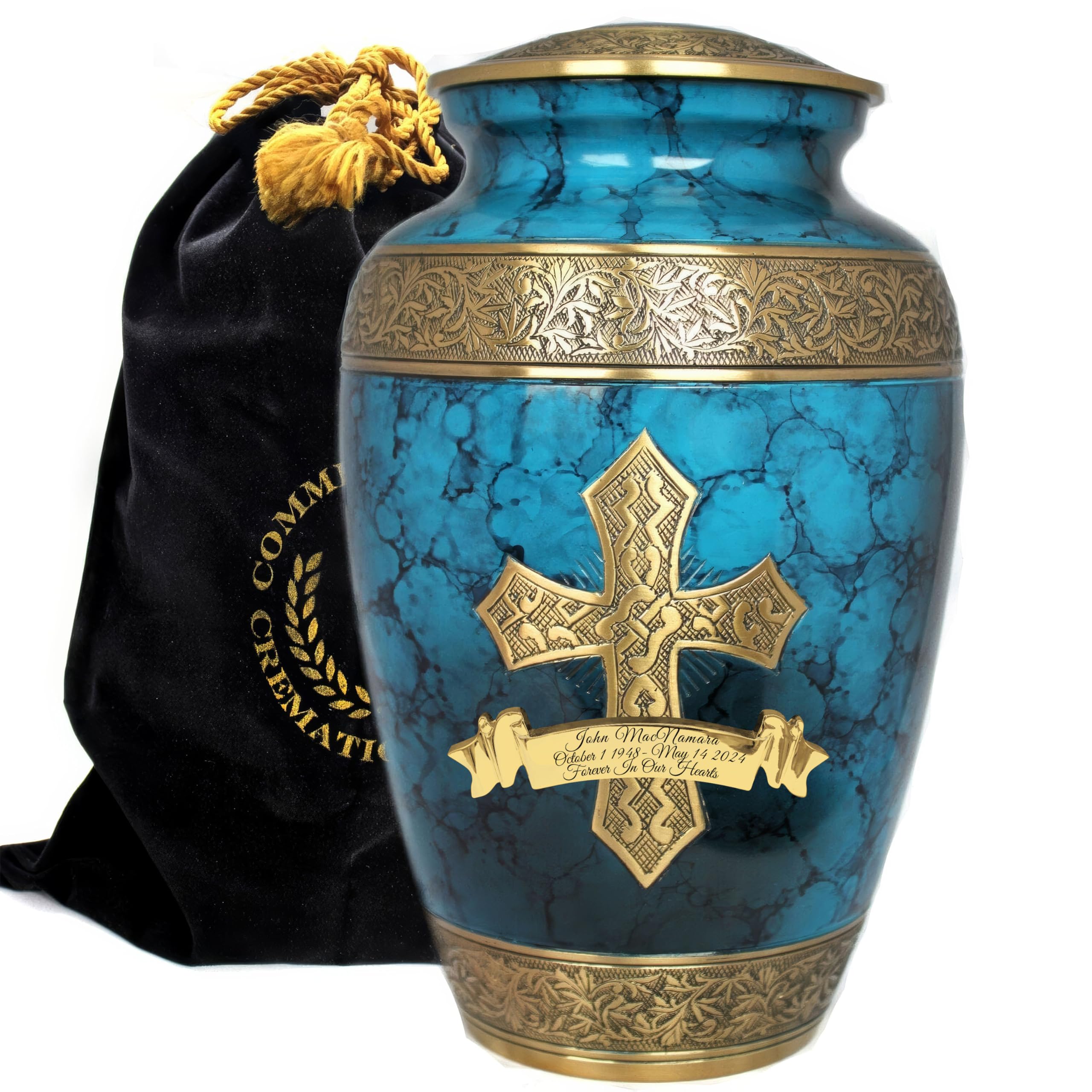 Blue Cross Cremation Urns for Human Ashes Adult Male Urns for Ashes | Large Cremation Urns For Ashes Adult Male &amp; Female, Cross Urn, Brass, Hand Engraved, Threaded Lid, Felt Bottom