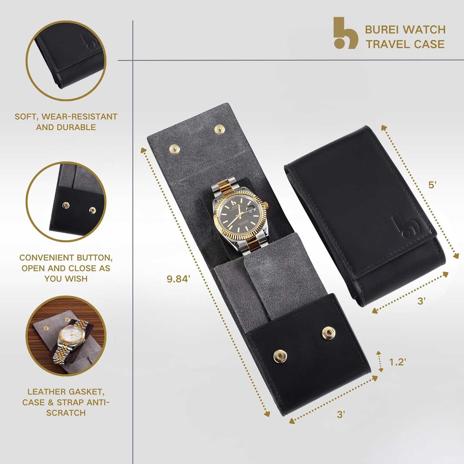 BUREI Leather Watch Travel Case Pouch Portable Watch Case for Men Single Watch Band Storage Bag Watch Accessories (Brown Black)