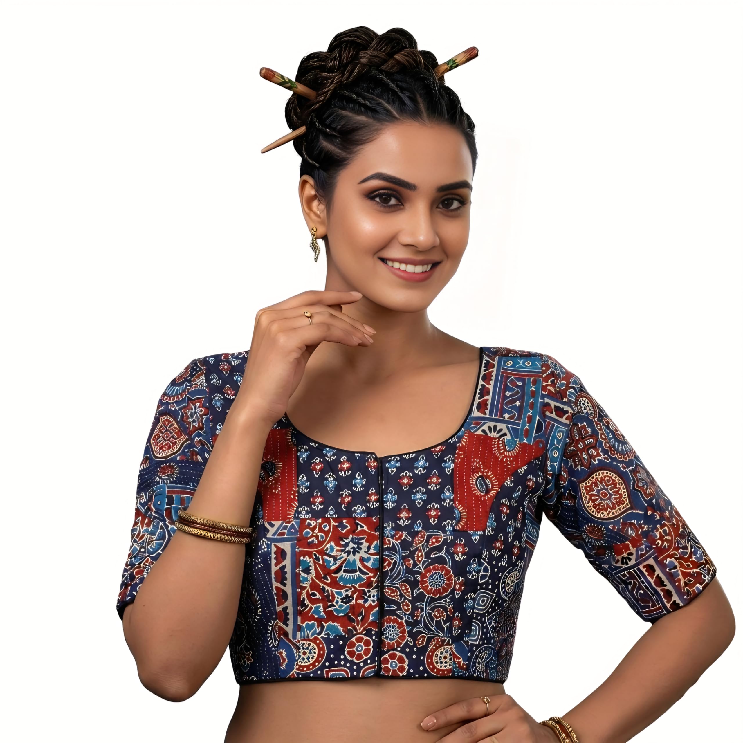 shubham exclusive Ajrakh Cotton Saree Blouse for Women | Readymade Morpich Print Ethnic Wear | Front Open Traditional Pure Cotton Designer Style-picture-49