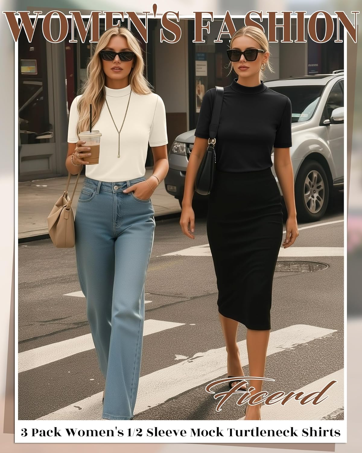 Ficerd 3 Pack Women's 1/2 Sleeve Mock Turtleneck Shirts, Elbow Length Shirt Half Sleeve Tunic Top Casual Summer Basic Tees - Image 3