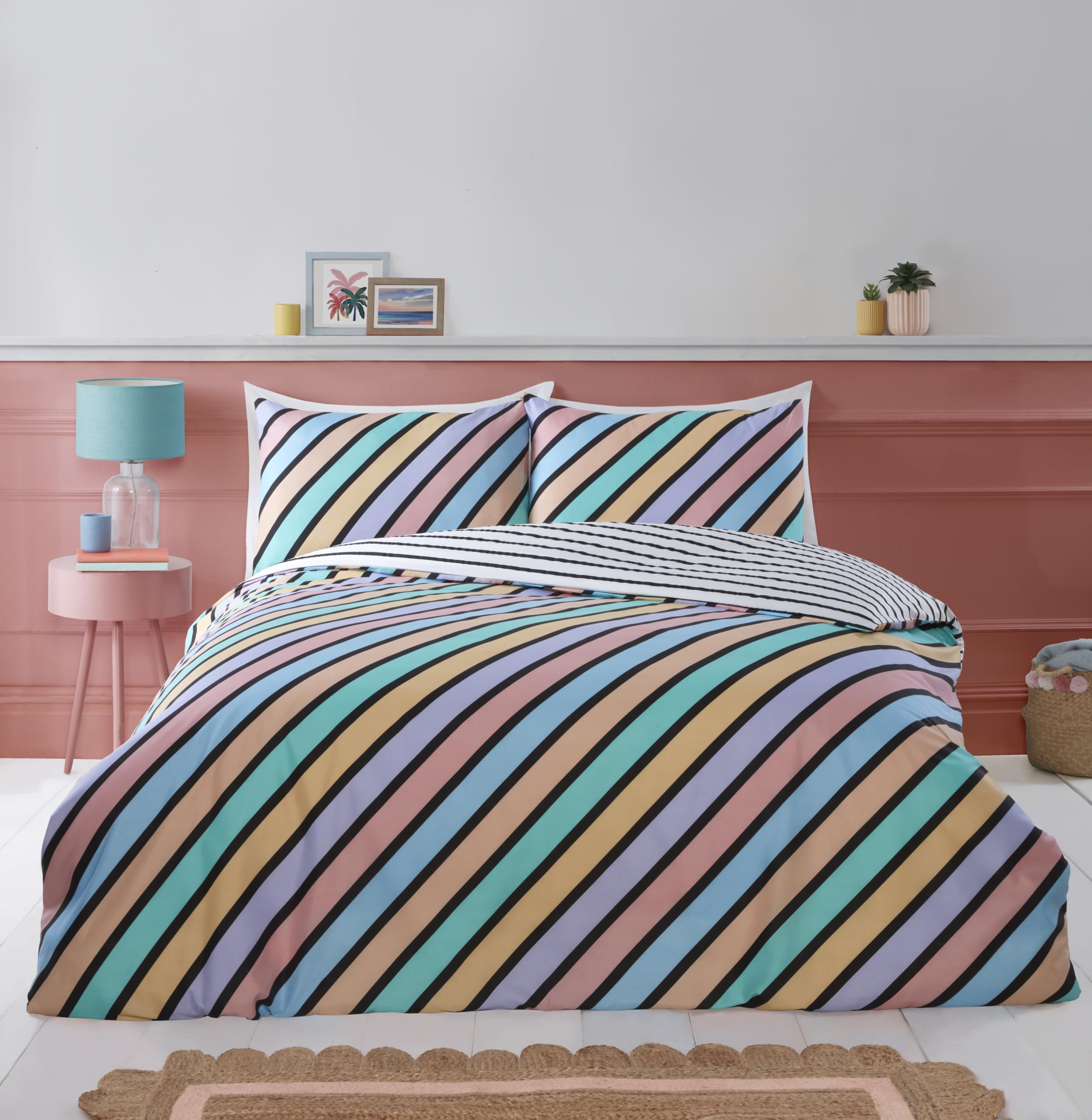 Multi Stripe Duvet Cover Reversible Pastel Quilt Bedding Bed Linen Set Double