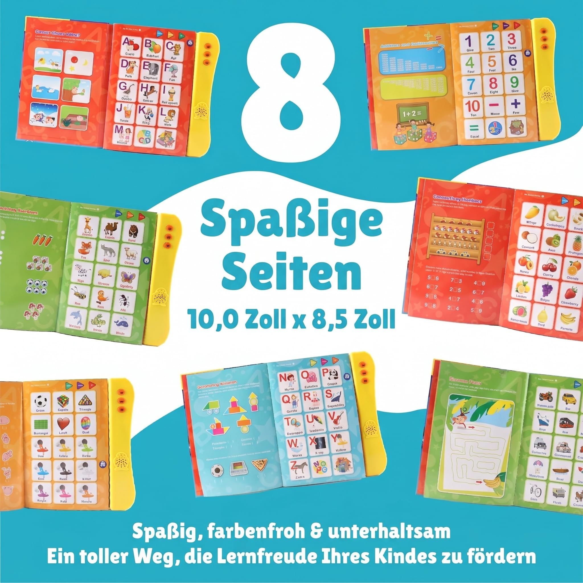 Englisch Lernen Kinder Soundbuch ABC, Interaktives Klangbuch Englisch mit 100+ Tönen, 8 Lernseiten und 3 Lernmodi, Lernspielzeug für Buchstaben, Wörter, Zahlen, Formen und Tiere ab 3 Jahre