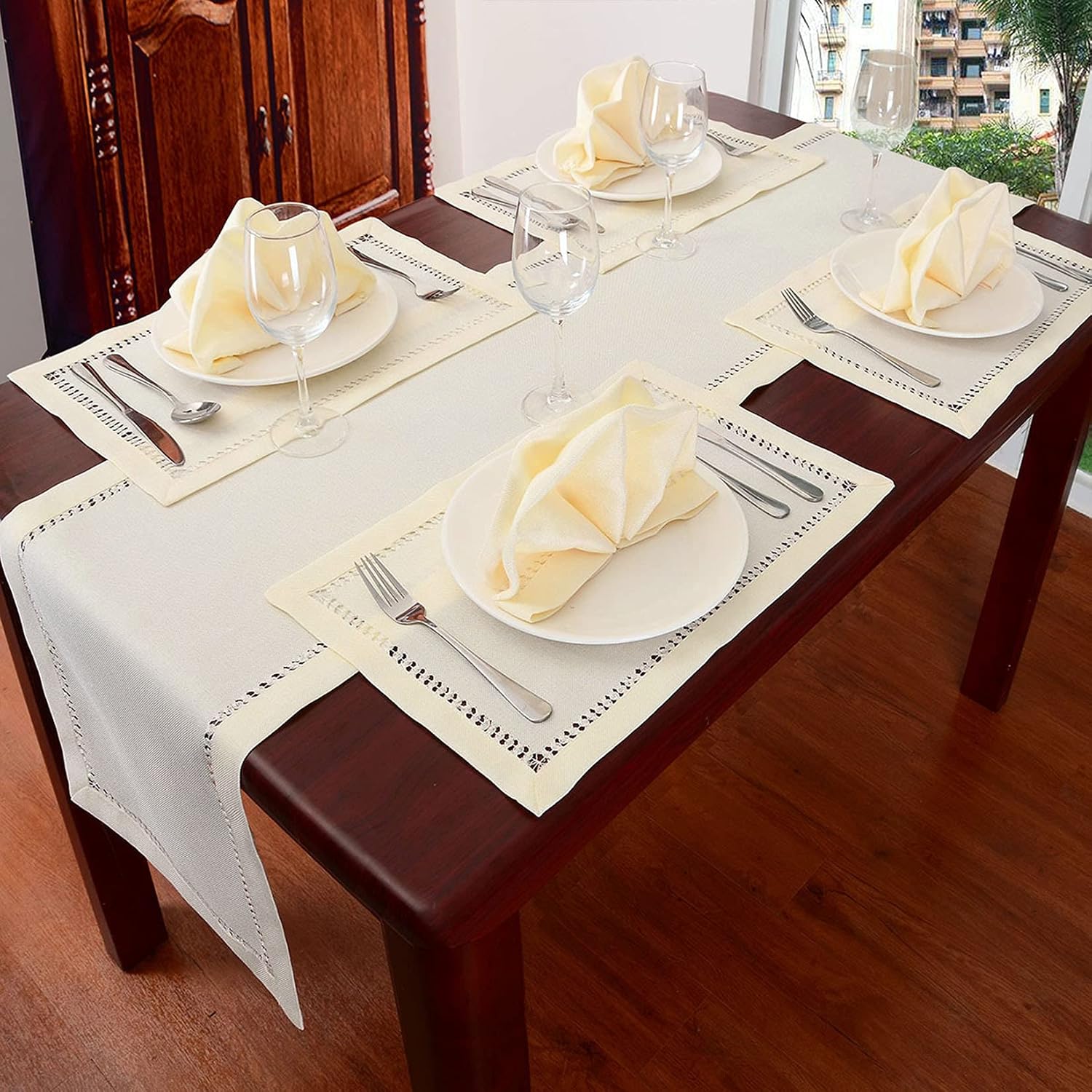 Grelucgo Handcrafted Solid Color Dining Table Runner, Dresser Scarf, Double-Hemstitched (Cream, 14 x 72)