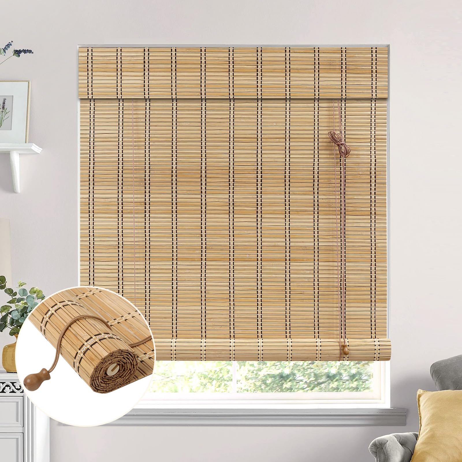 EVOZEN No Tool No Drill Bamboo Blinds for Interior Windows, Bamboo Shades for Indoor Windows, Roller Shades for Indoor Window and Outdoor Patio, Easy