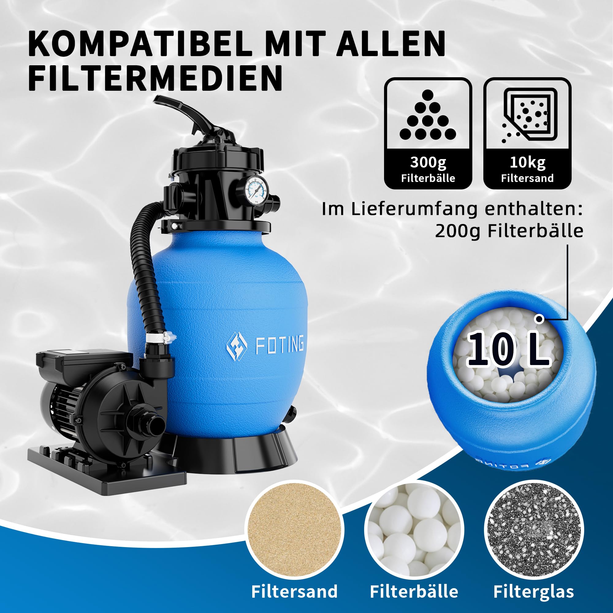 FOTING Système de Filtre à Sable pour Piscine 9 000 L/h (9 m³/h) INCL. 200 g de Billes Filtrantes, Filtre de Piscine avec Vanne 7 Voies, Adaptateur 2-en-1 Ø32–38 mm