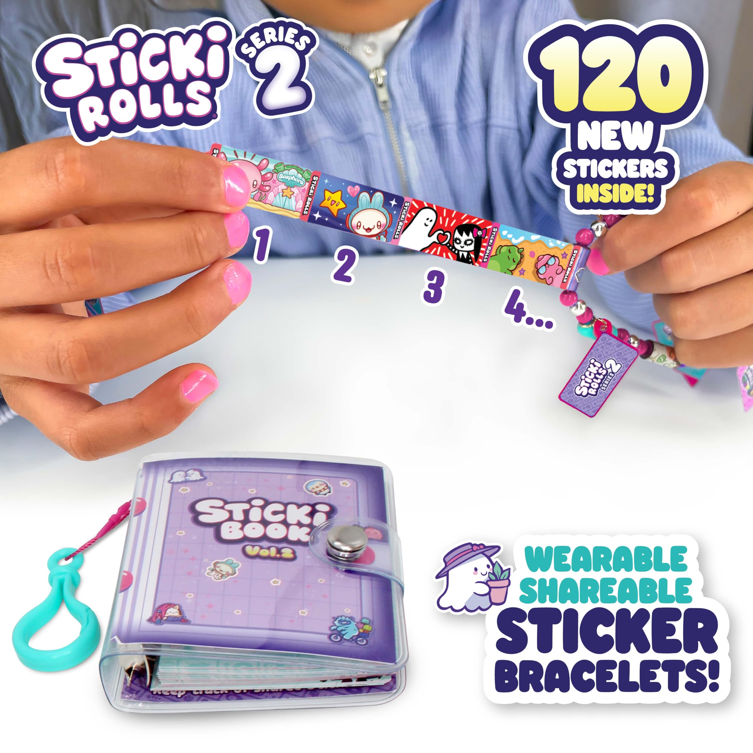 STICKI Rolls Sticki Book – oryginalna bransoletka z naklejkami na zabawki do noszenia + książka kolekcjonerska, zawiera 120 mini naklejek, ponad 1000 zabawnych wzorów naklejek do kolekcjonowania