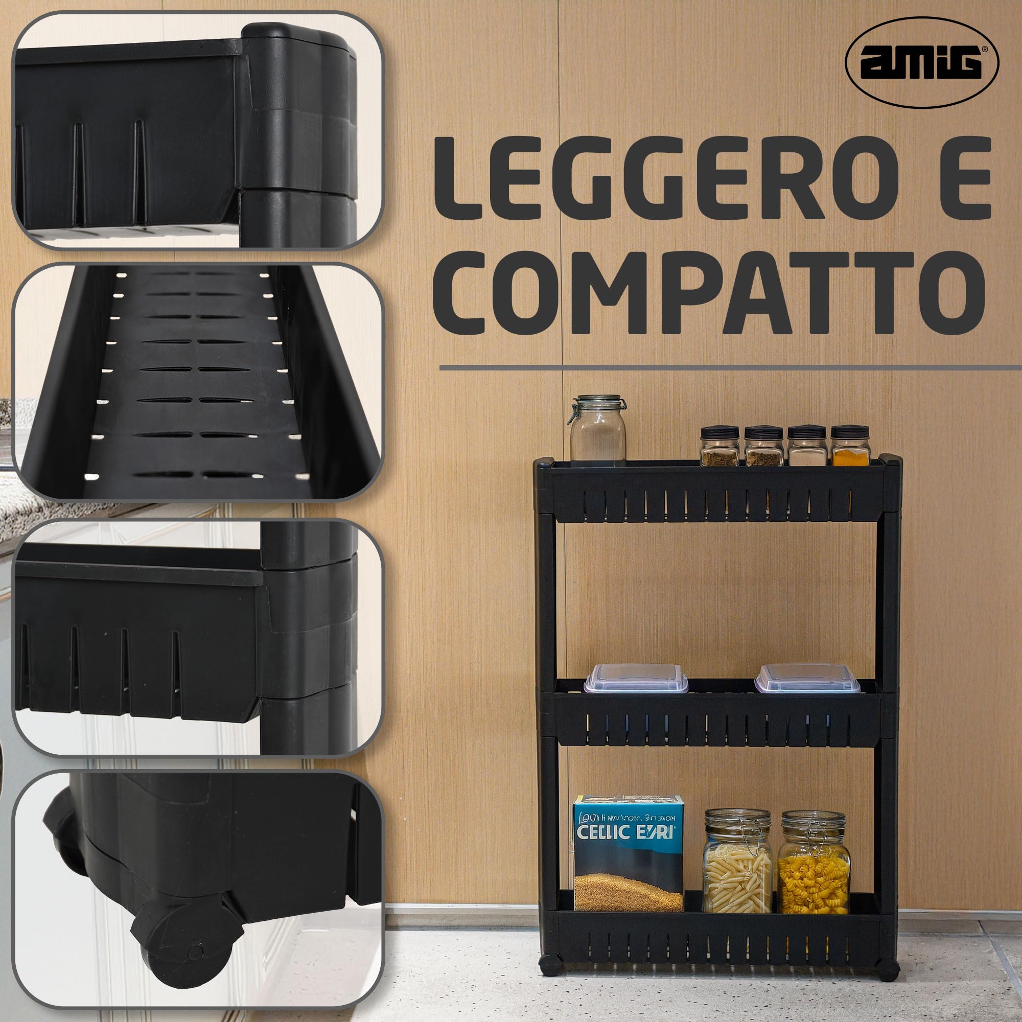 Amig - Carrello stretto con ruote Böken - Nero - 54 x 12 x 78 cm - Carrello ausiliario per ripostiglio - Unità di stoccaggio a 3 livelli per bagno