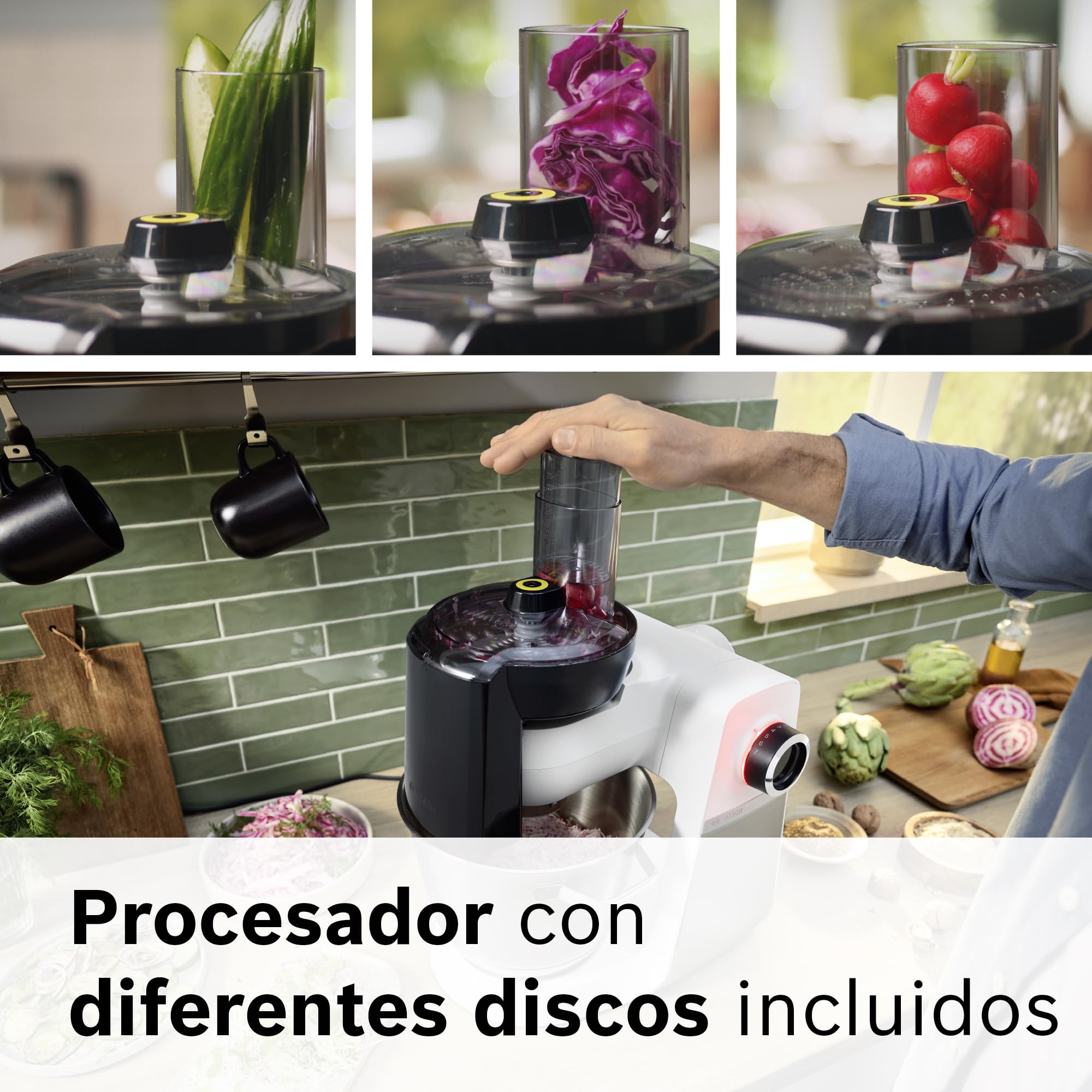 Bosch - Robot de Cocina, Serie 6, 1600W, Amasado Planetario 3D, Set de Pastelería, Triturador, Batidora de vaso ThermoSafe, Blanco, MUMS6EW22
