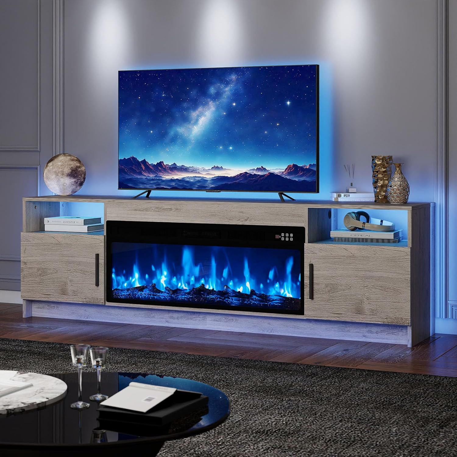 BREEZEHEAT Fireplace TV Stand, 70 inch TV Stand with 36" Electric Fireplace, LED Light Entertainment Center, TV Console with Storage, High Glossy Door, Modern TV Console for Living Room, Grey
