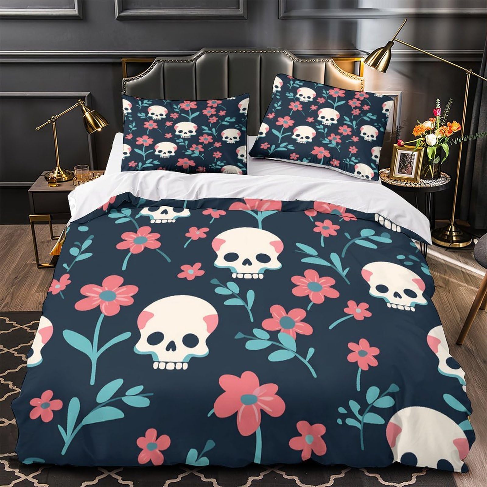 Housse de couette crâne fleur 140x200 parure lit microfibre