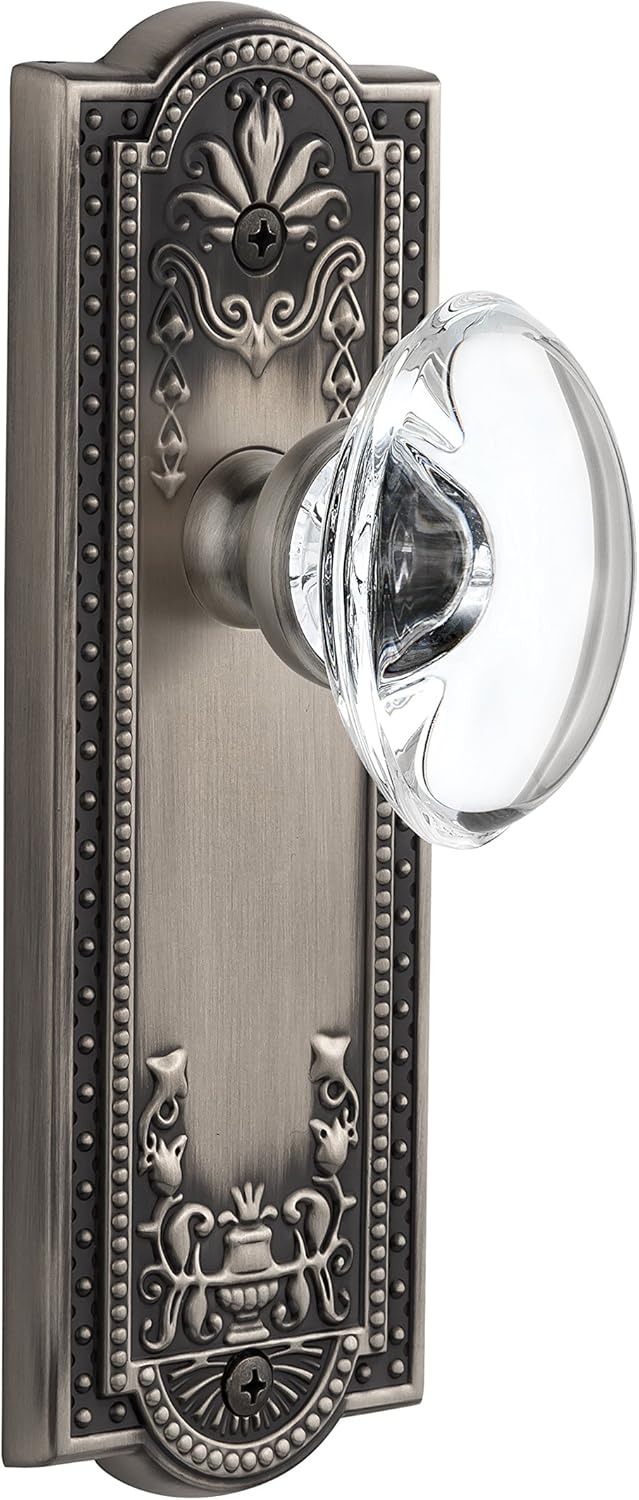 Grandeur Parthenon Plate with Provence Crystal Knob, Passage - 2.375", Antique Pewter
