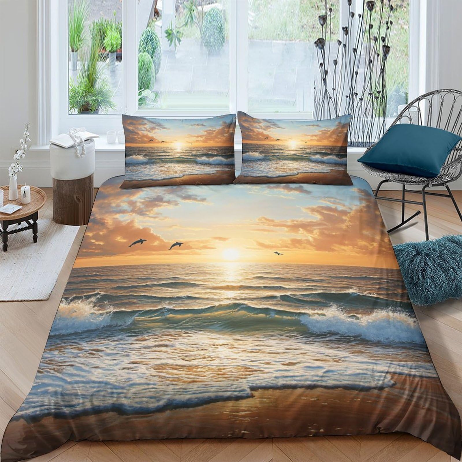 GPLZQXKJNH 3D Printed Ocean Sunset Duvet Cover Microfiber Soft Breathable Seaside Wave Bedding Set with 2 Pillowcases for Bedroom Home Decor Single（135x200cm）