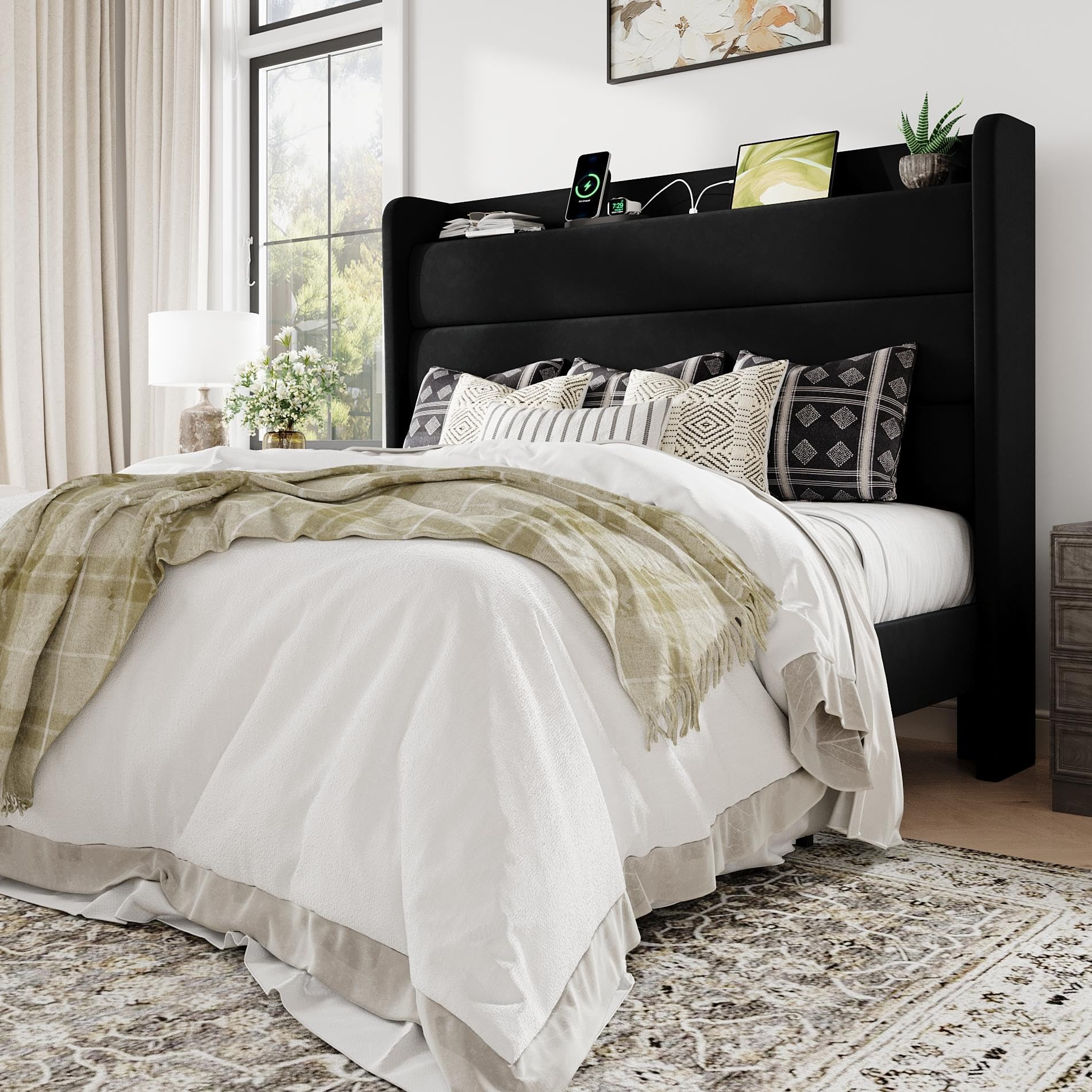 Allewie Full Size Upholstered Bed Frame with Charging Station & Storage Headboard, Soft Velvet Wingback Platform Bed, Strong Wooden Slats Support, No