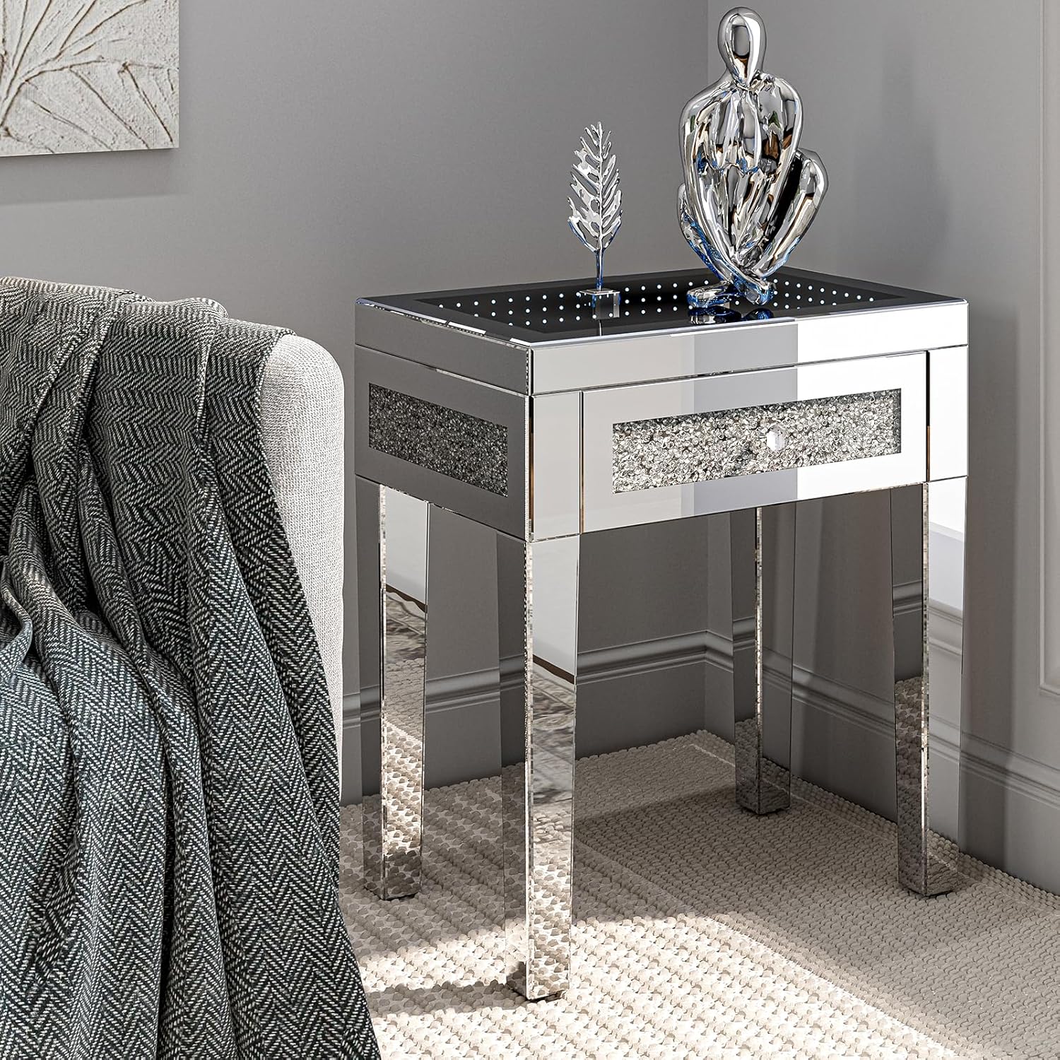 IKIFLY Mirrored End Table with Infinity Lights, Modern Side Table Crushed Diamond, Silver Nightstand with Drawer for Office Living Room Bedroom (Remote Control Included)