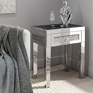 LED Mirrored End Table, Sliver Nightstand with Drawer, Modern Side Table Crushed Diamond with Remote Control for Living Room Bedroom