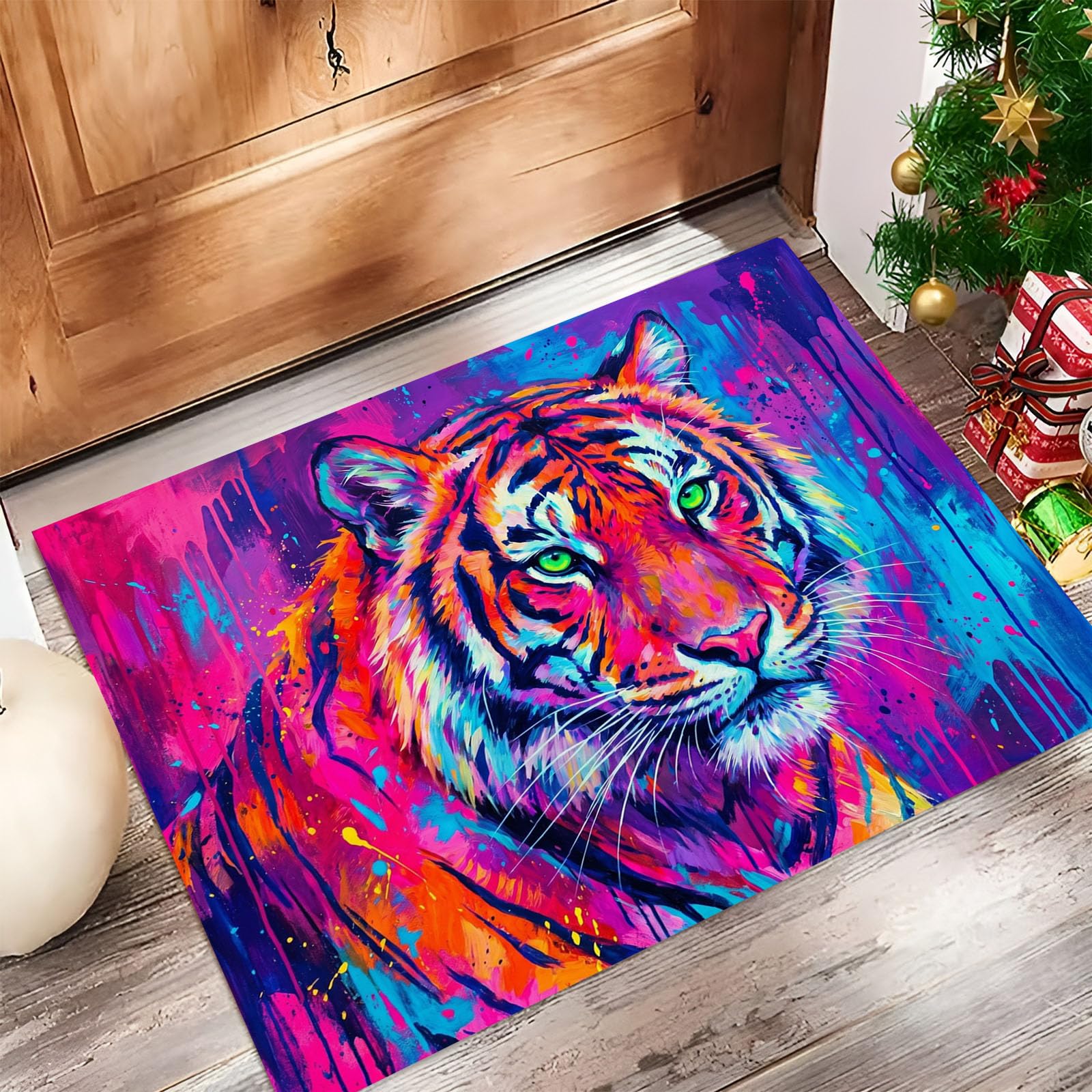 Zerbino Interni Animale Schizzi D'Inchiostro Fantastici 60X90Cm, Antiscivolo Lavabile, Tappeto Da Ingresso Tigre Del Pop Strada, Tappetino Pelo Basso Antipelo Per Porta D’Ingresso, Rosso