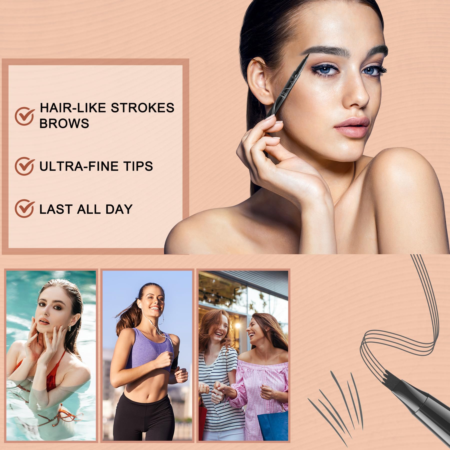 Matite per Sopracciglia Microblading Impermeabili 2 in 1 - Matite Sopracciglia Doppia Estremità con Punte a 4 Fori e Pennello Preciso per Sopracciglia Naturali e Definite, Lunga Durata