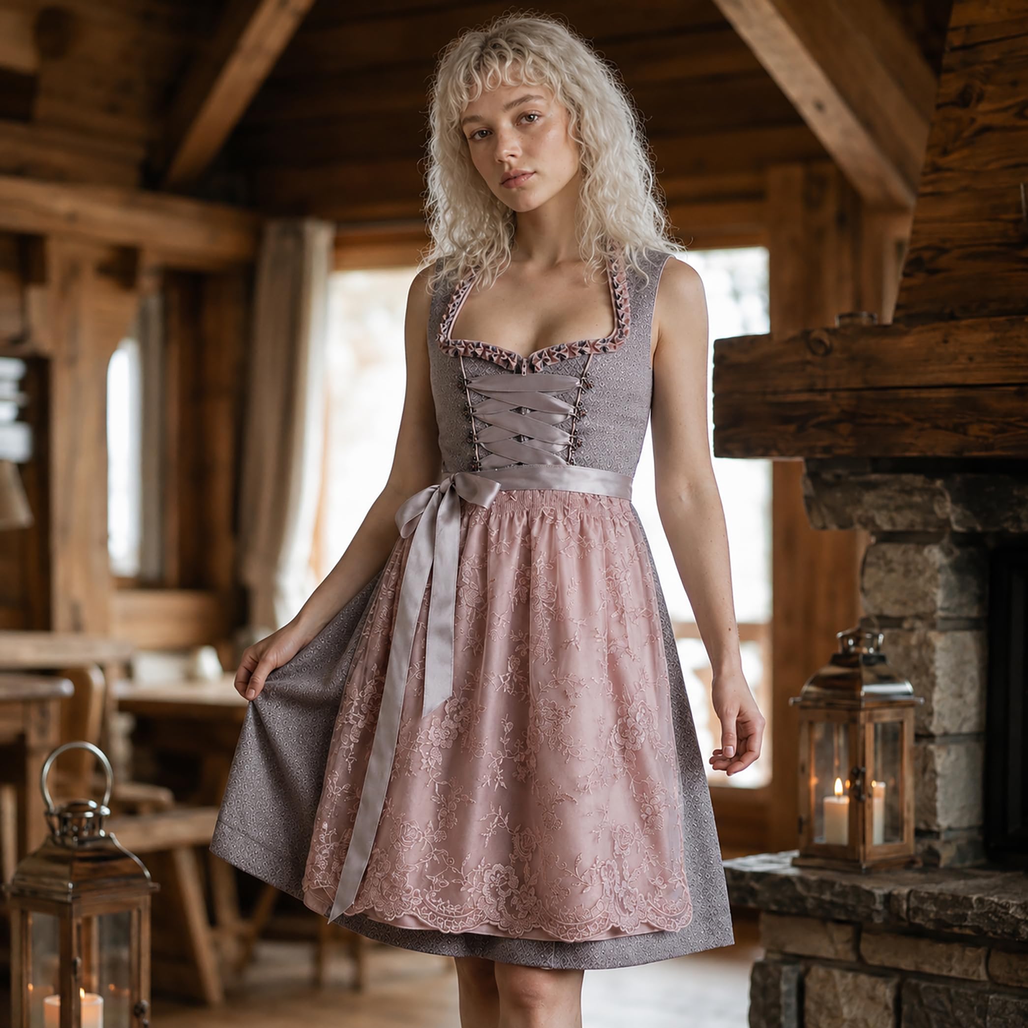 Alte Liebe Dirndl Damen – 2-TLG. Trachtenkleid Grau/Rosa – Edle Spitzen-Schürze & Taschen – Midi 60cm – Oktoberfest & Wiesn – Gr. 34-46