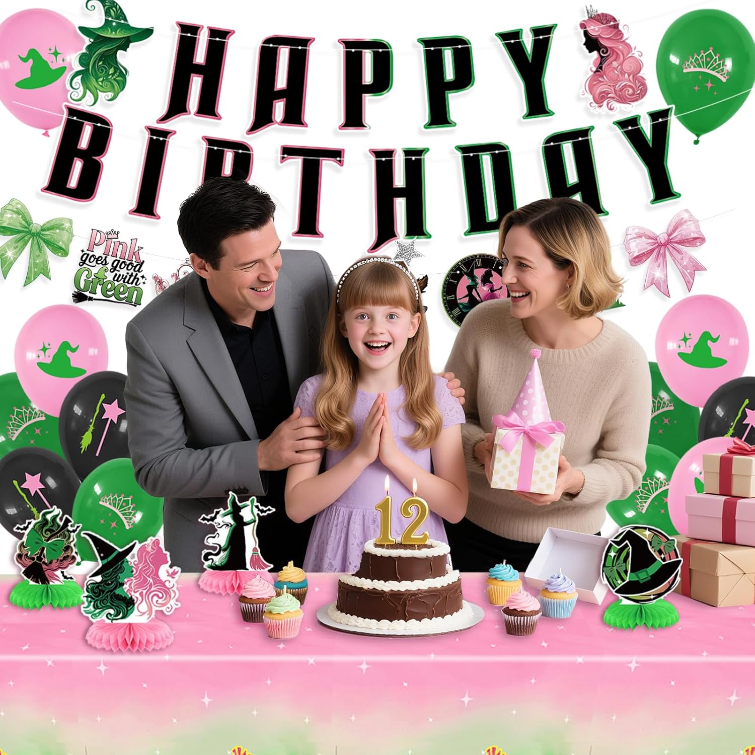 Witch Happy Birthday Decorations Girls - Pink and Green Birthday Party Decorations Include Banner Tablecloth Photo Props Witch Table Centerpieces Balloons for Girls Women Wlcked Party Decor