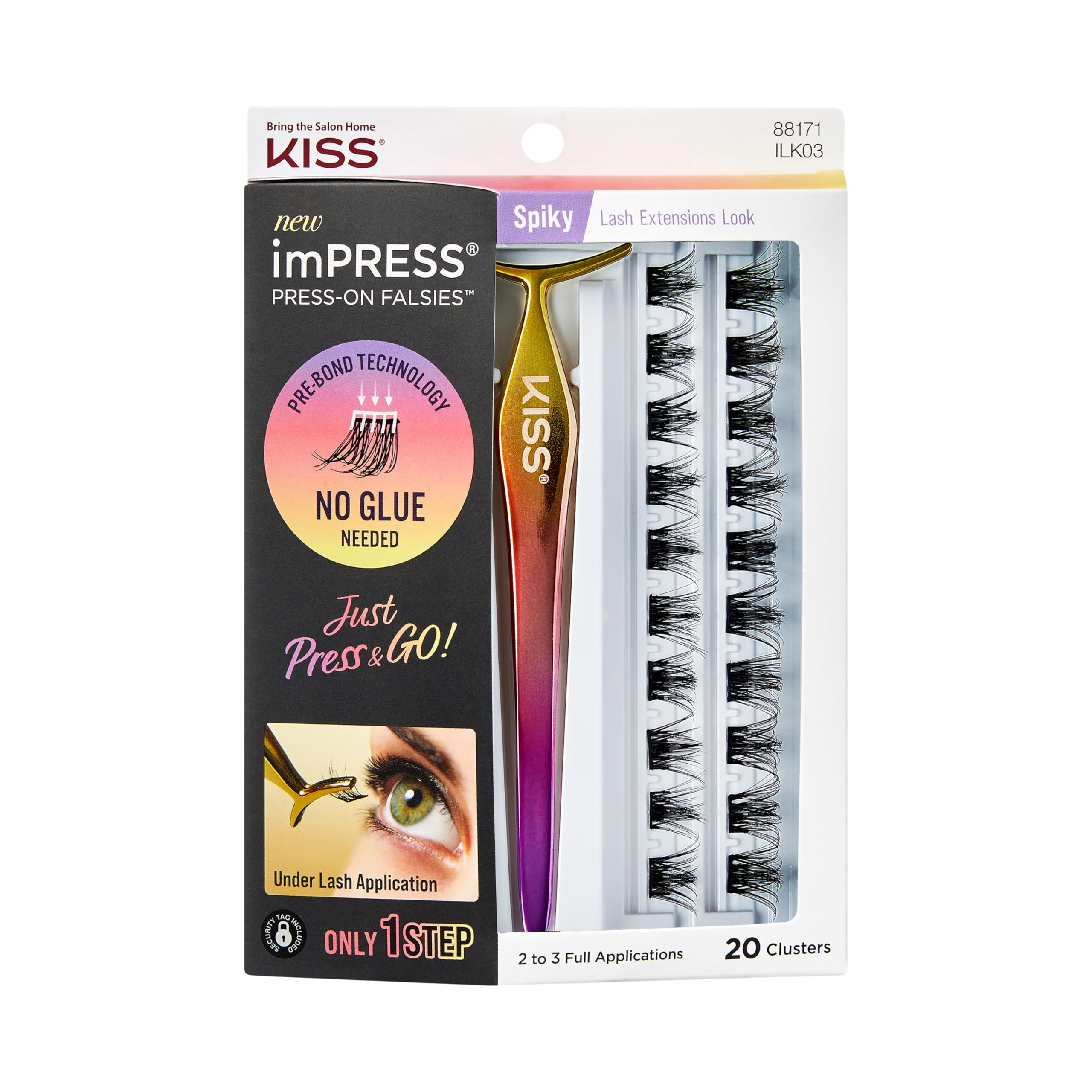 Impress KISS Press-On Falsies Eyelash Clusters Kit, Spiky, Black, Fuss Free, Invisible Band, Natural, 24 Hours, Sticky Residue, Flawless, Quick & Easy | 20 Clusters, Pack Of 1 (ILK03) Standard