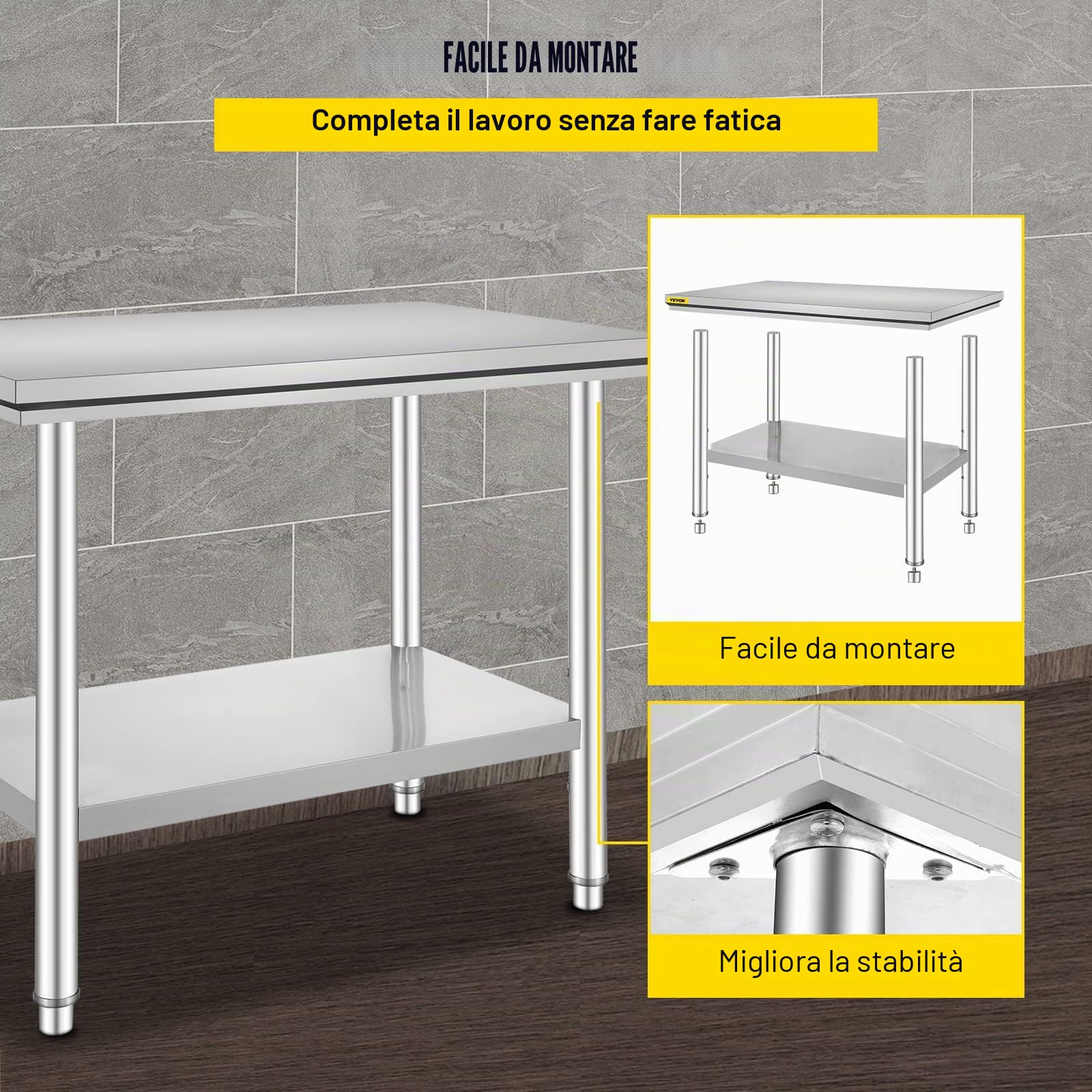 VEVOR Piano di Lavoro per Cucina Professionale 90 x 60 cm, Tavolo da Lavoro da Cucina in Acciaio Inox, Tavolo da Lavoro per Cucina Professionale con Baclsplash