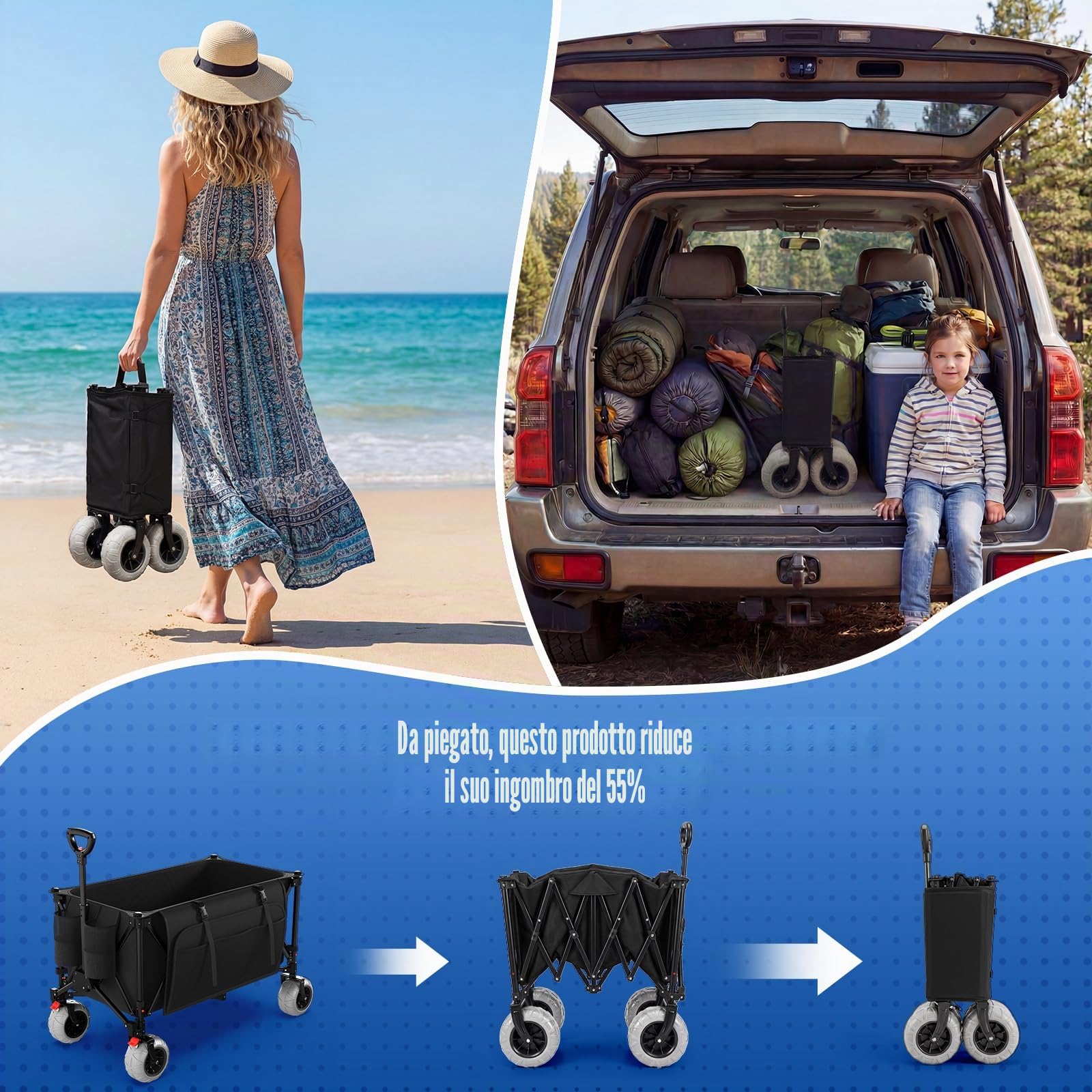 200L Grandi Carro Playa Plegable con Ruedas Todo Terreno, 200kg Carretto Spiaggia Pieghevole con Regolabile Braccioli e Freno, Carrito Playa Ruedas Borsa 20L per Campeggio Spesa