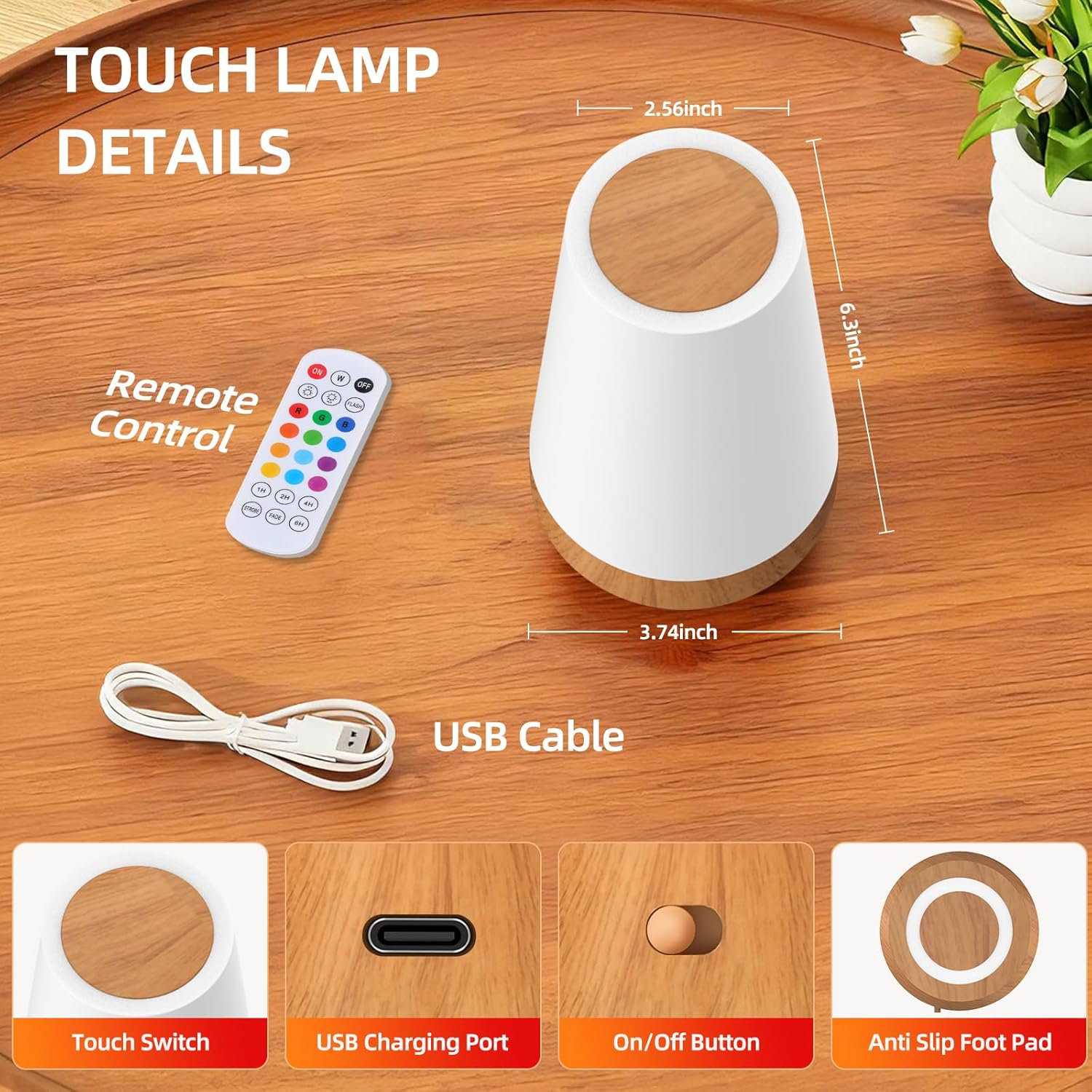 Night Light, Dimmable Touch Lamp and Remote Control, 13 RGB Colors & 5 Brightness, Rechargeable Bedside Table Lamp for Baby Kids Nursery Bedroom Bathroom Camping (Wood Grain)