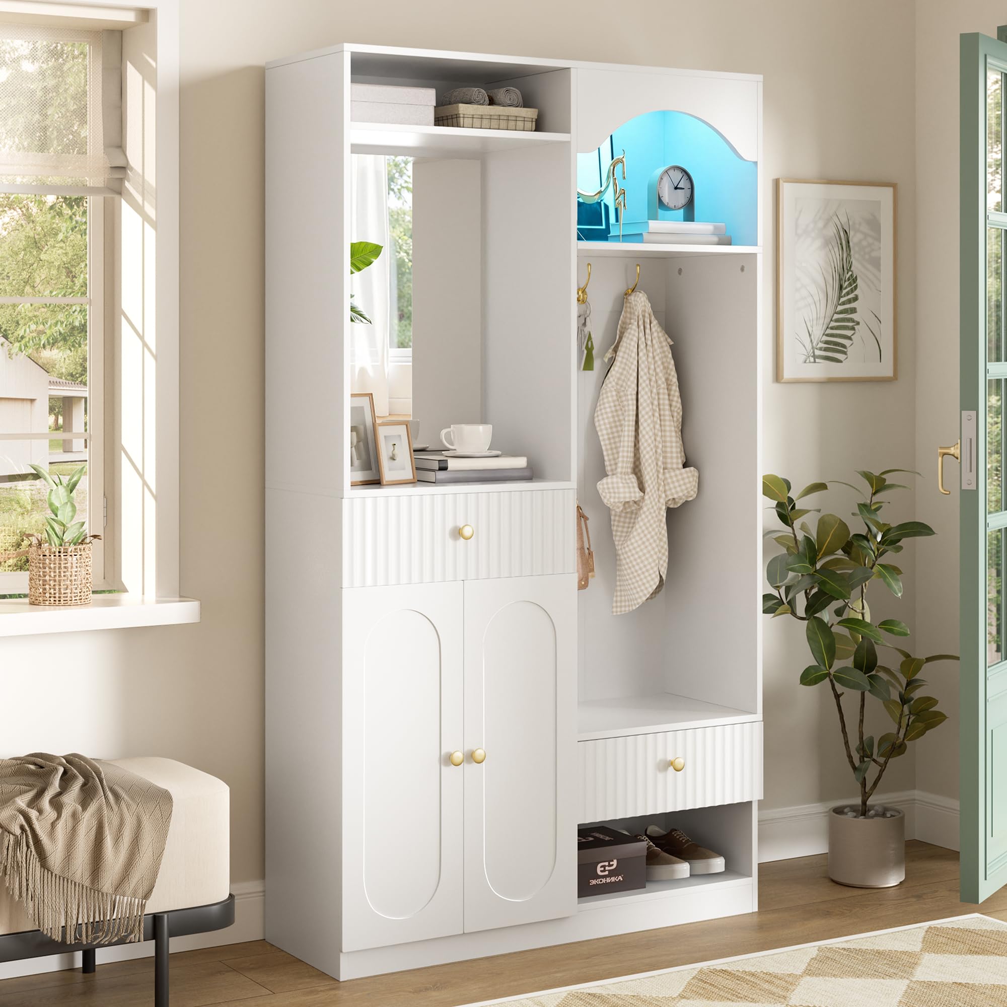 Perchero compacto con espejo, banco y zapatero, con gancho, juego de muebles de pasillo, color blanco
