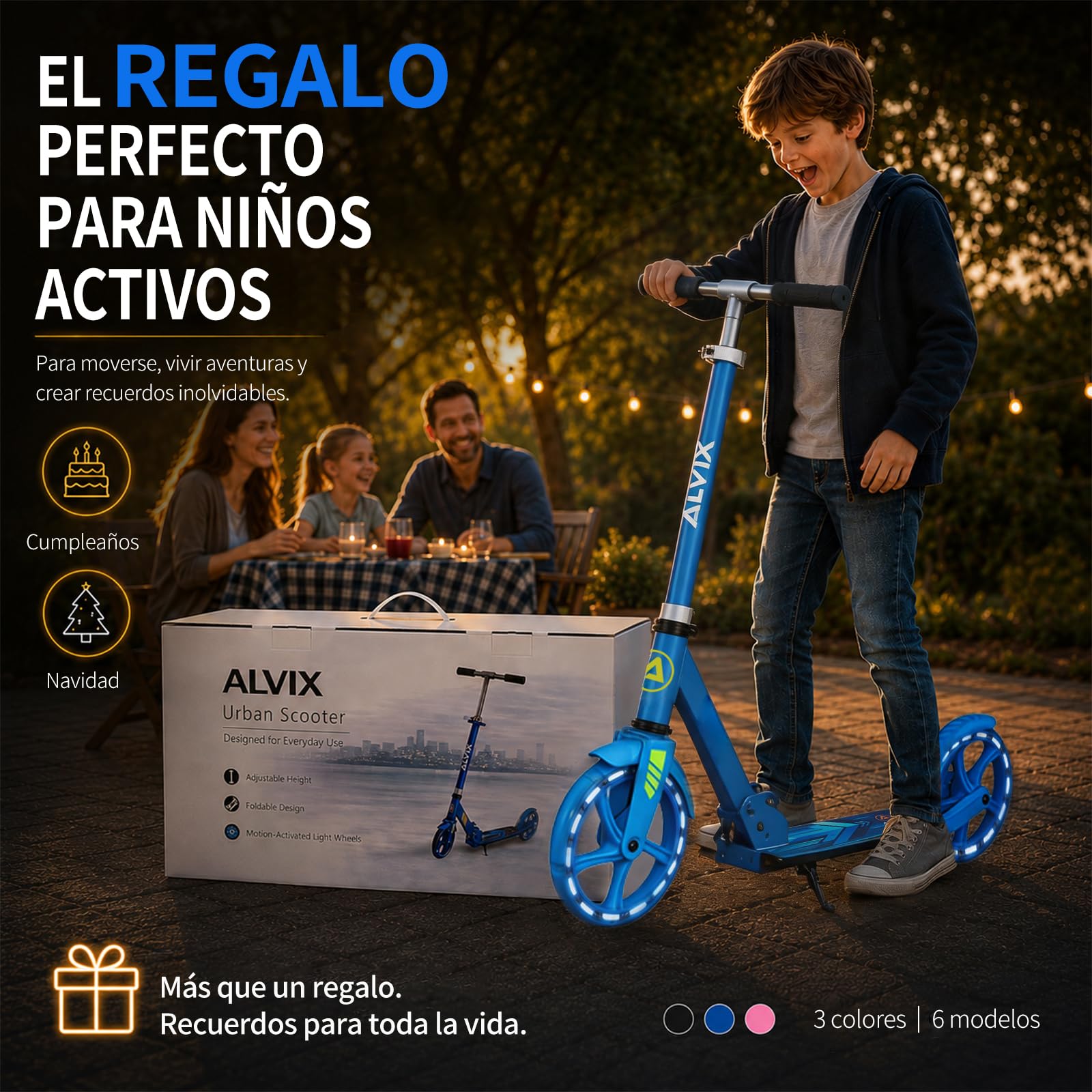 ALVIX Patinete infantil con ruedas LED, altura regulable a partir de 6 años, ruedas de 200 mm, patinete plegable con correa de transporte, plataforma ancha, hasta 100 kg
