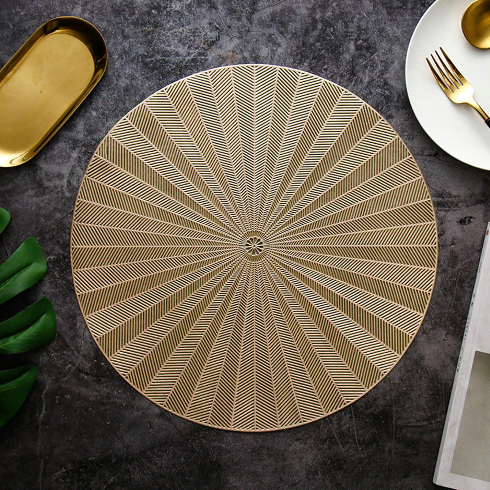 Juego de 6 manteles individuales de cocina redondos, lavables con diseño de flores circulares a rayas vacías, de PVC para Navidad, antideslizantes y resistentes al calor, color dorado, 38 cm