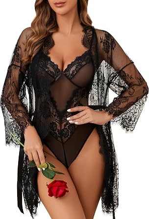 Womens 2 Piece Lingerie Set Lace Kimono Robe with Teddy Bodysuit