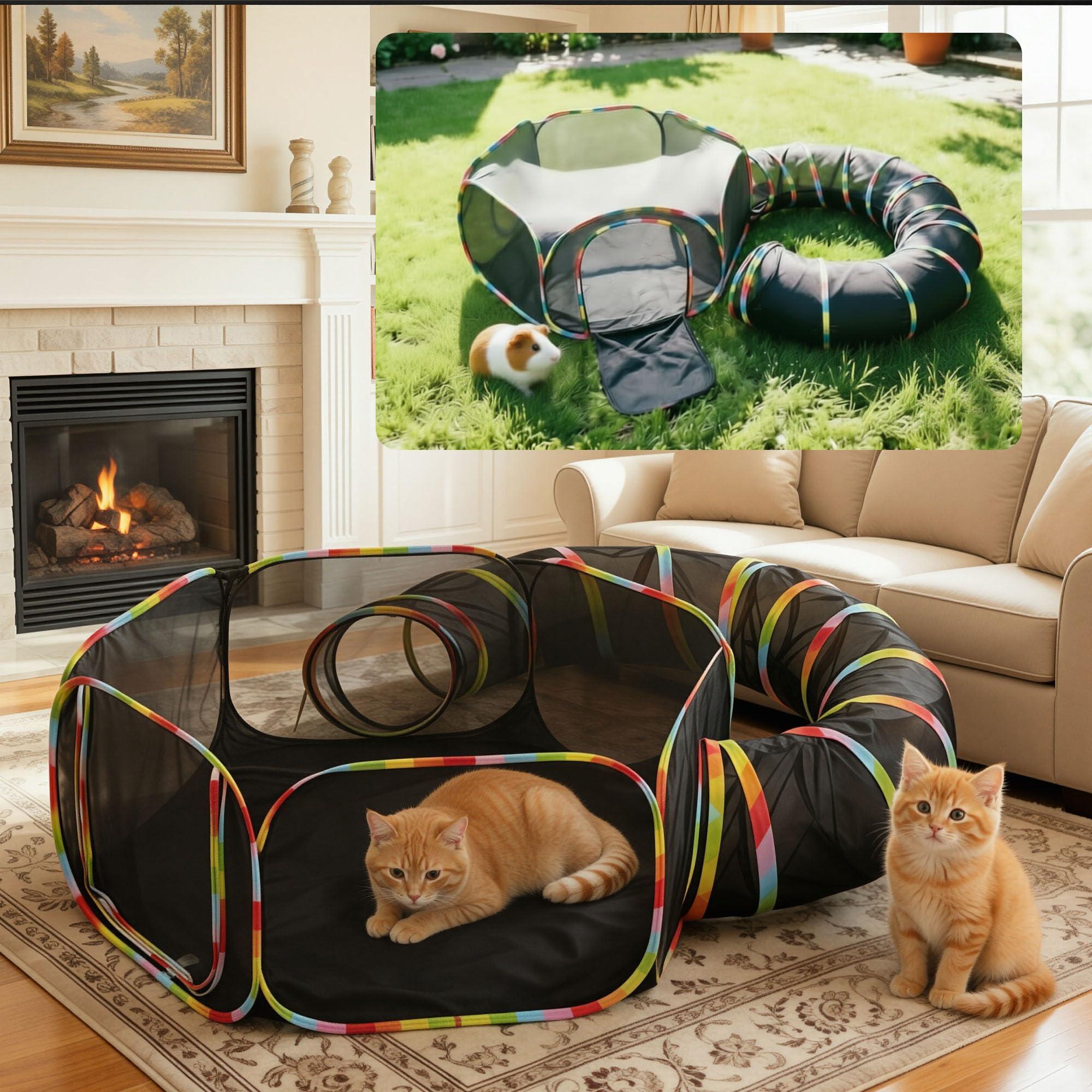 2 in 1 Katzentunnel & Zelt, Faltbare Mesh Outdoor Katzengehege, Katzenlaufstall für Katzen, Kaninchen, Hamster, Meerschweinchen & Kleintiere