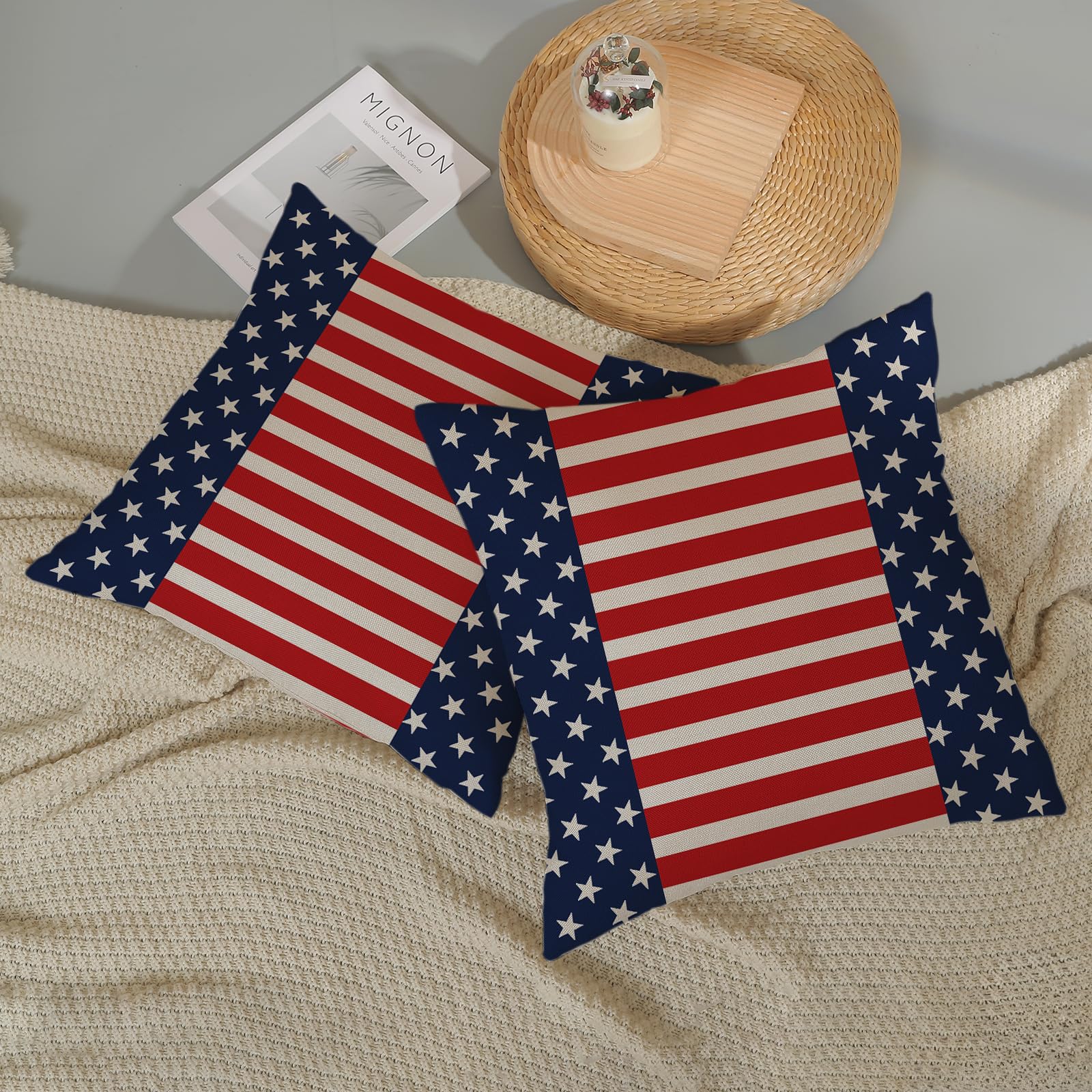 4th of July Pillow Covers 20x20 Red Stripes Blue White Patriotic Stars Outdoor Decor Throw Pillows for Couch Independence Day Memory Day Pillowcase Decorative Cushion Case for Sofa Bed Set of 2 4