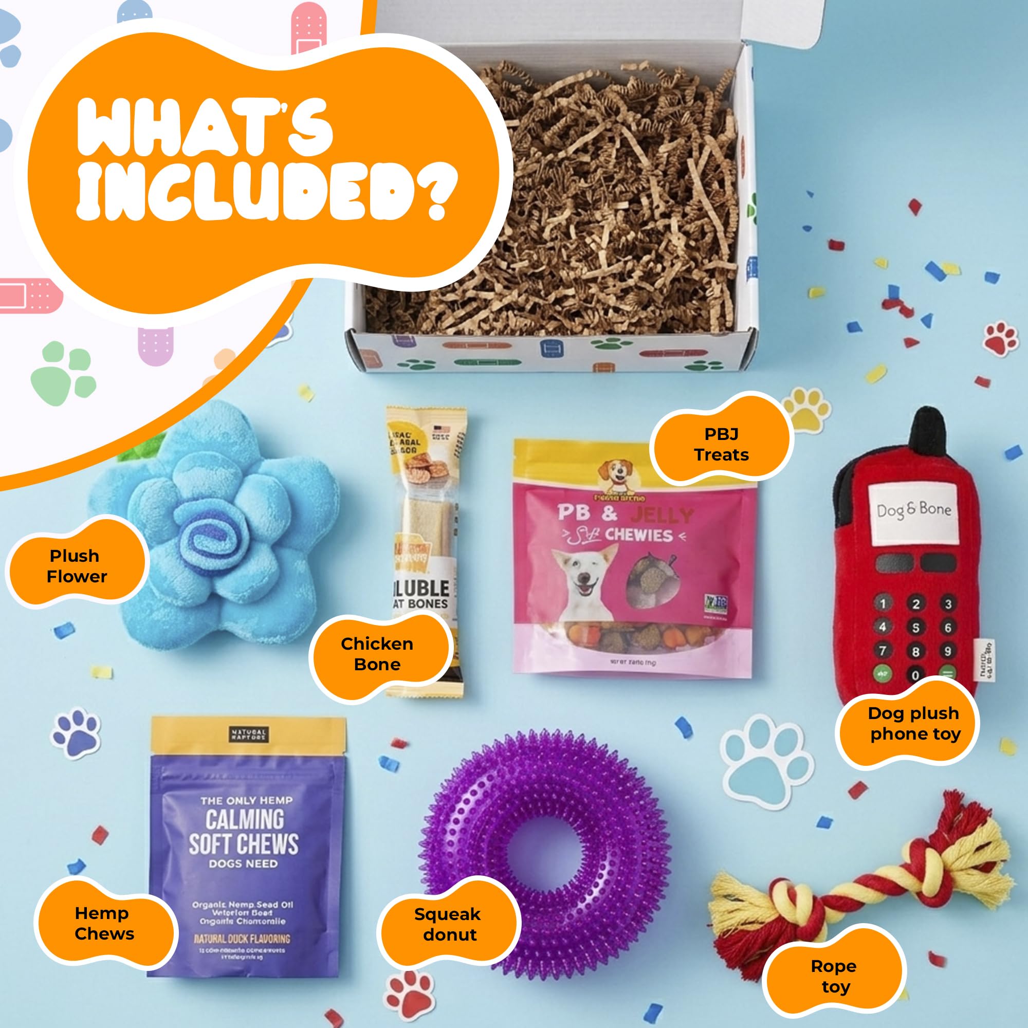 Get Well Soon Dog Gifts, Dog Care Package, Puppy Gift Basket with 3 Dog Treats and 4 Toys, Adorable Puppy Gift Basket, Pet Care Package