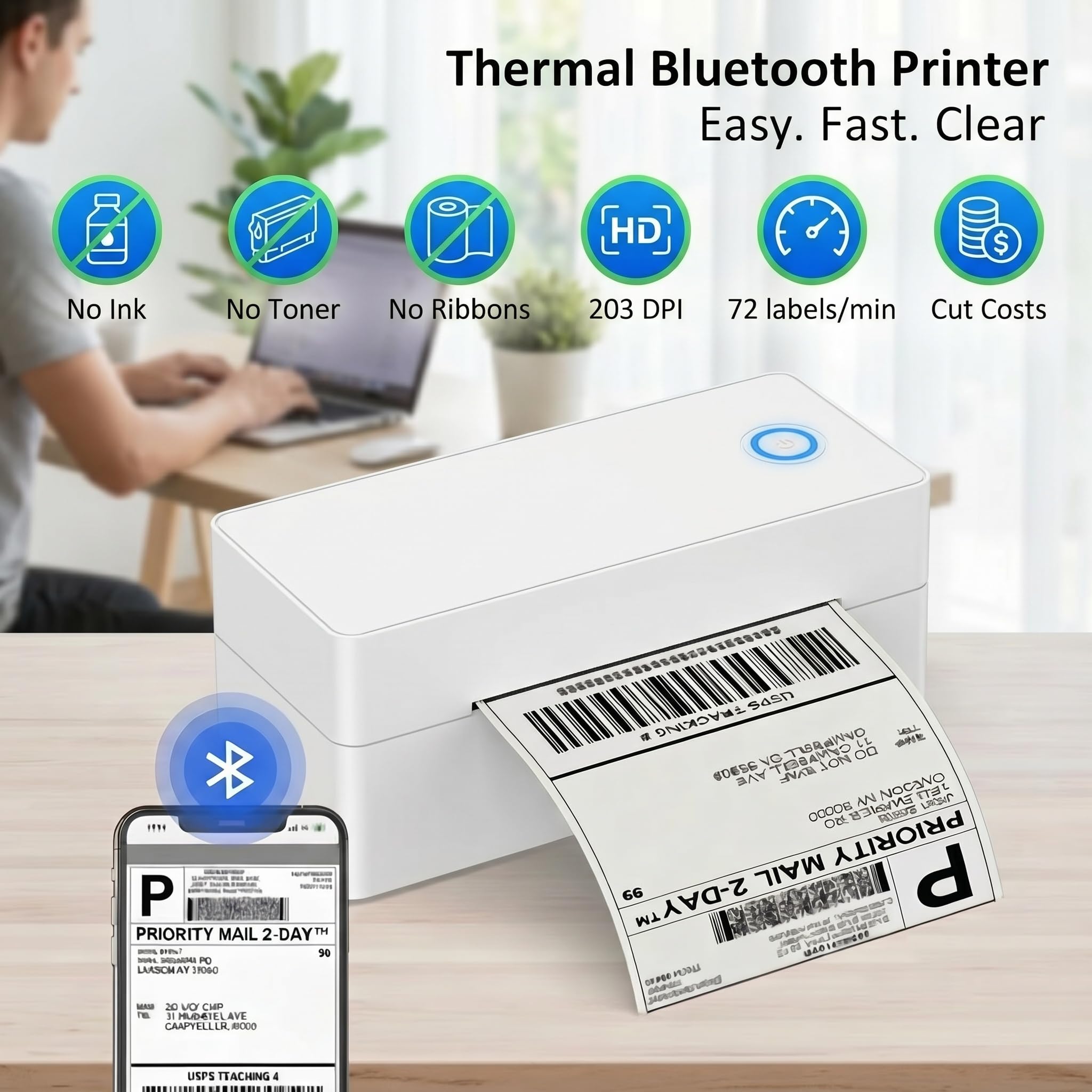 Stampante Etichette Termica 4x6 con Supporto – Bluetooth e USB, Senza Inchiostro – Include Chiavetta USB Driver