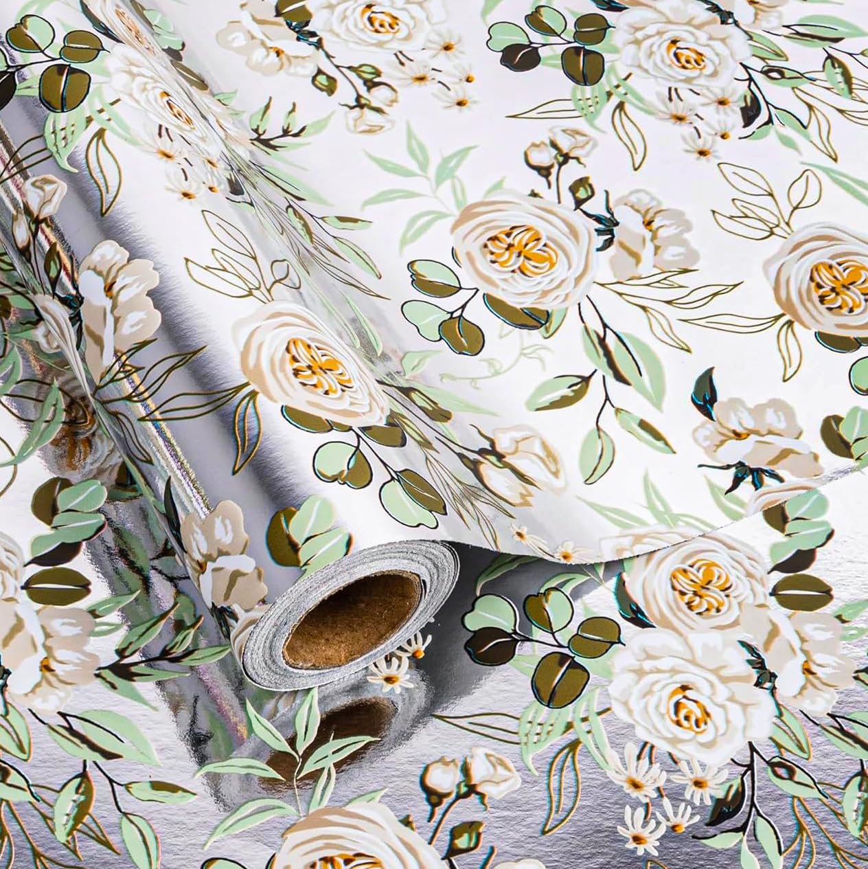 Altarho Wedding Wrapping Paper Roll - 17 Inch x 33 Feet - Silver White Floral with Metallic Foil Design Perfect for Mothers Day Wedding Bridal Shower