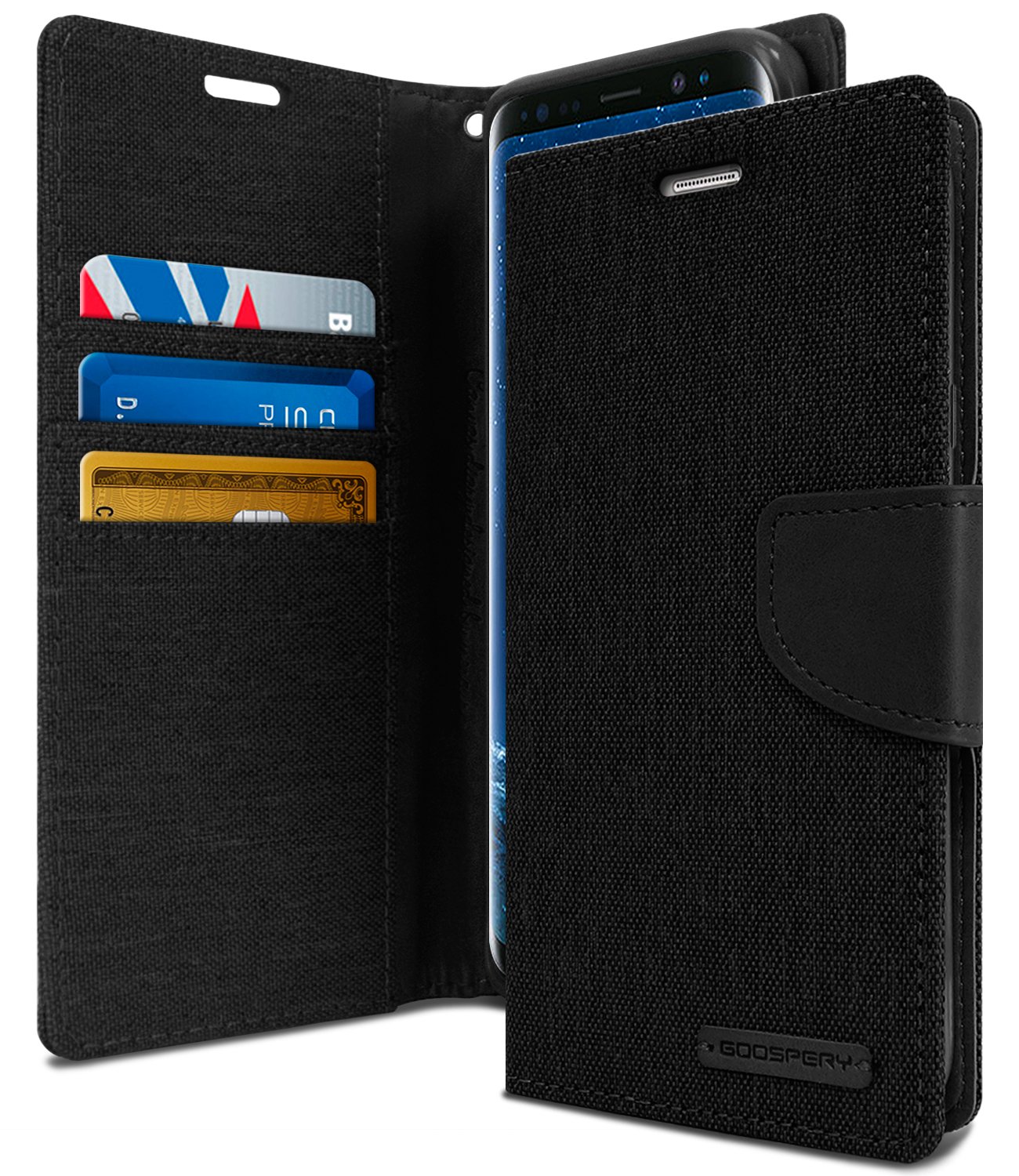 Goospery Canvas Wallet for Saumsung Galaxy S9 (2018) Case, Denim Casual Style Designer Made Look Stand Flip Card Holder Phone Cover (Black) S9-CAN-BLK