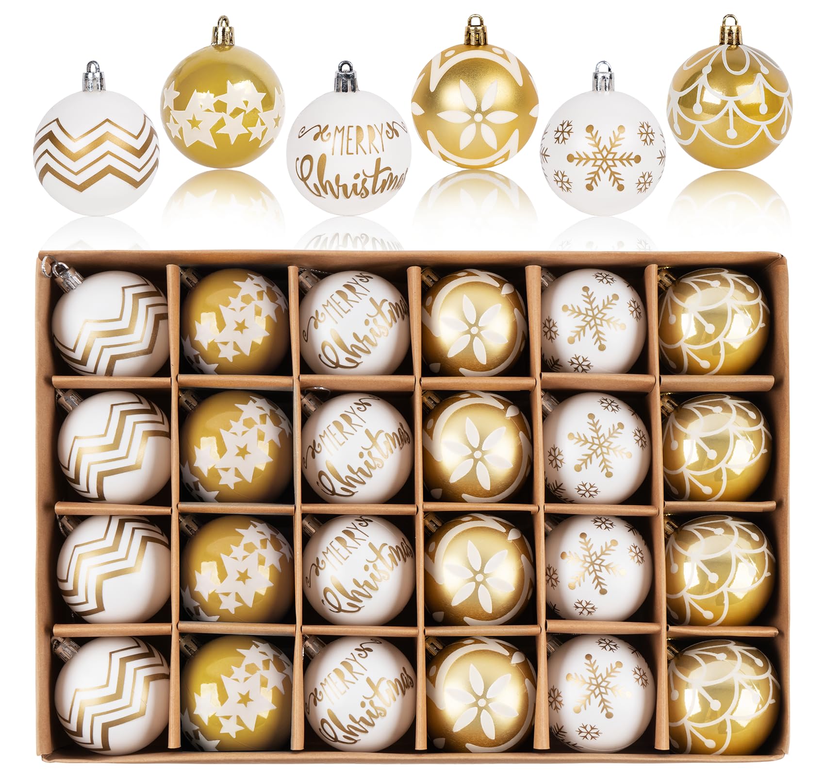 Oro y Blanco Bolas de Navidad 6cm,24pcs Bolas de árbol de Navidad de plástico inastillable,Bola de Decoración para Fiesta y Festivalpara el árbol de Navidad Fiesta de Bodas Decoración del Festival
