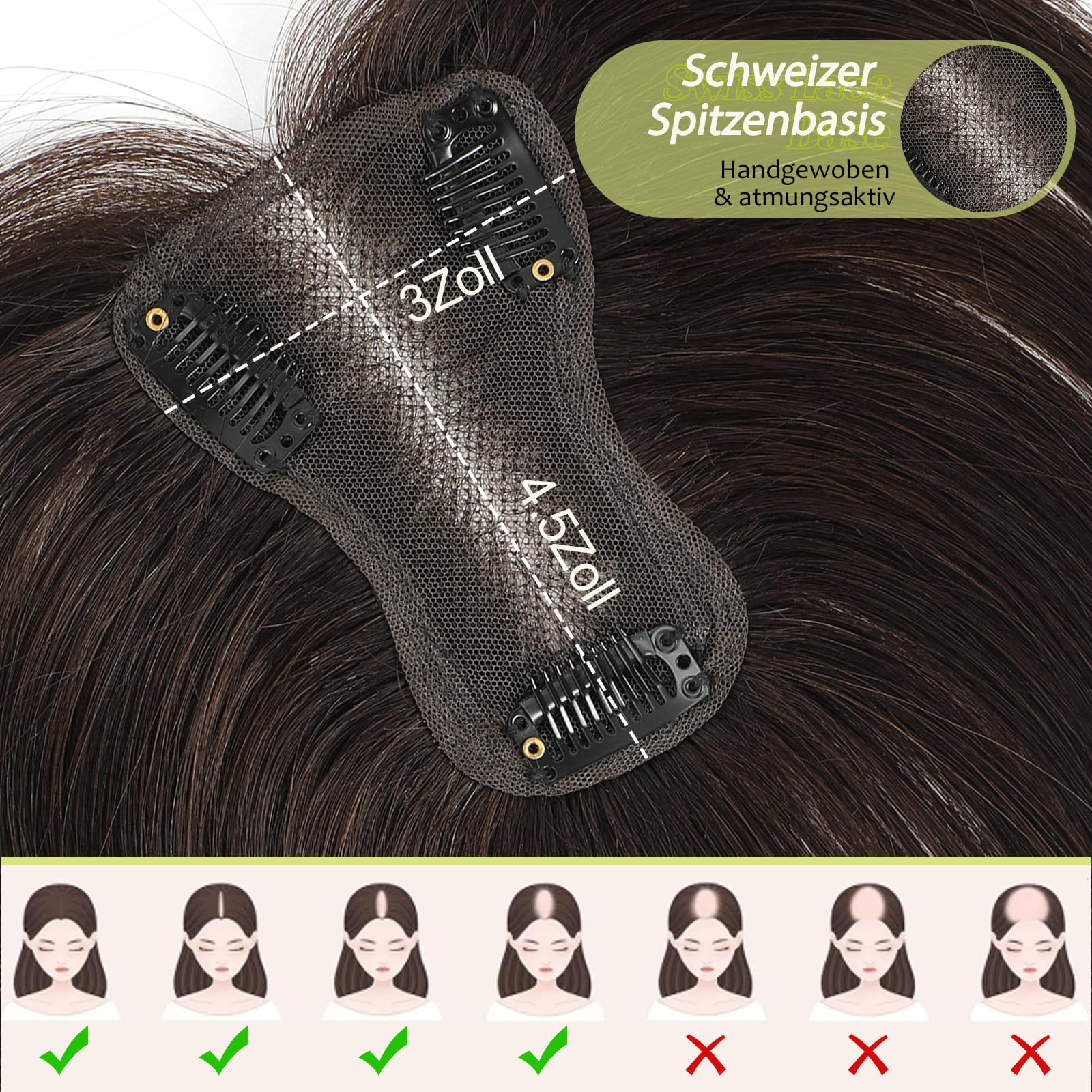 Haar Topper aus echtem Menschenhaar für Frauen mit dünner werdendem Haar 3 × 4,5zoll verbesserte Schweizer Spitzenbasis Perücken-Topper für Frauen (Natural Black)