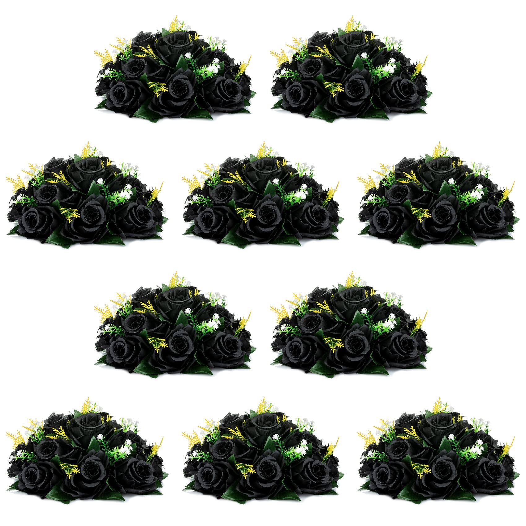 NUPTIO Black Roses Artificial Flowers Pcs of 10 Fake Flower Bouquet Black Hydrangea Flowers Artificial, 15 Heads Fake Roses with Base, Real Looking Black Artificial Flowers (Black)