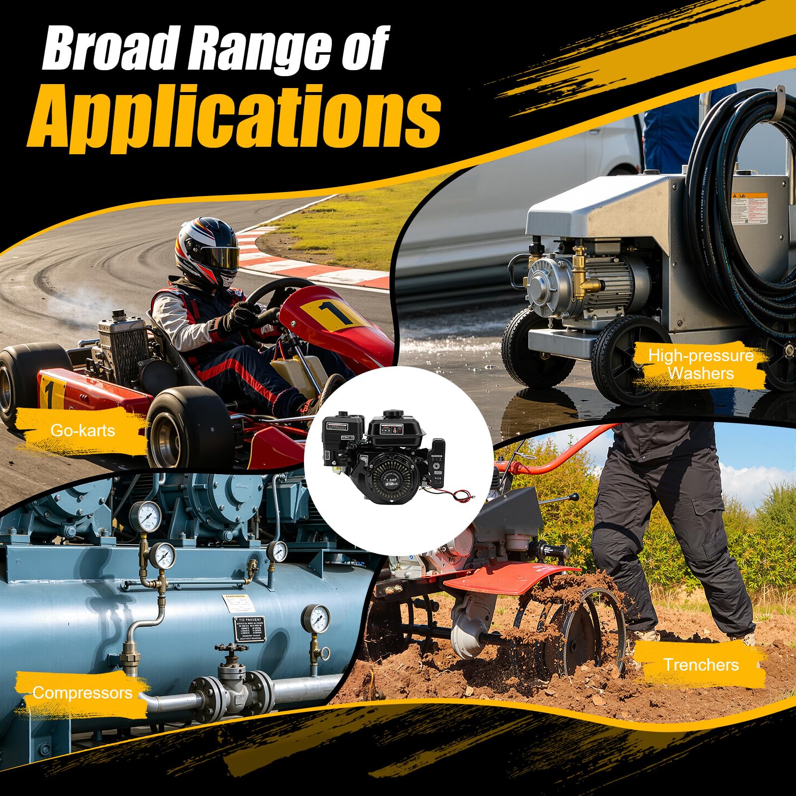 7,5 PS 4 Takt Benzinmotor, 212cc Standmotor Kartmotor, 3600 U/min Antriebsmotor mit 3,6L Tank, Elektrostart & Handstart, OHV Motor für Go-Kart Generator Hochdruckreiniger Industriemaschinen