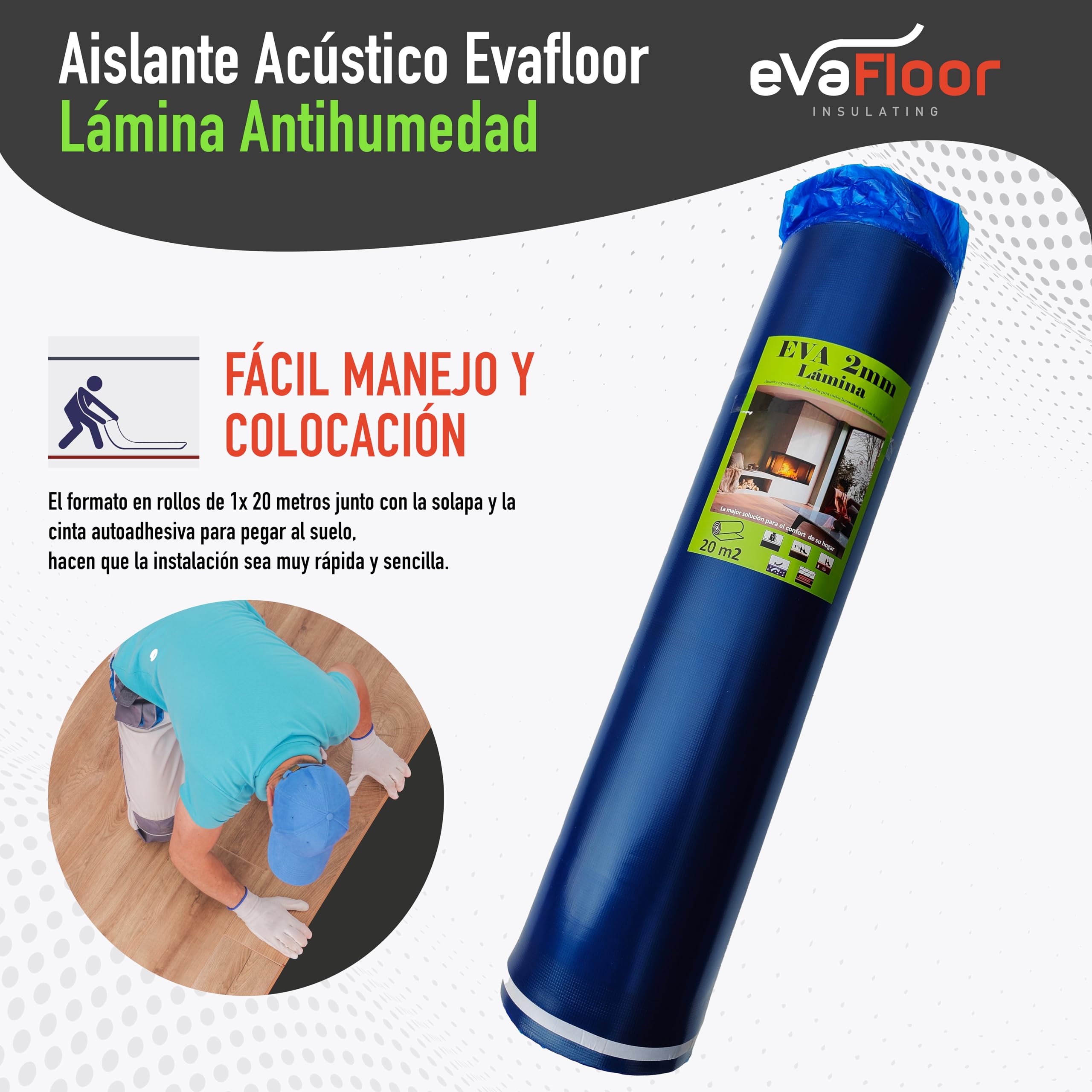 Aislante Suelo Laminado 1x20 metros | Base Aislante Suelo Laminado Antihumedad | Fabricado con base de Eva 2mm + Lámina Antihumedad | Incluye Adhesivo